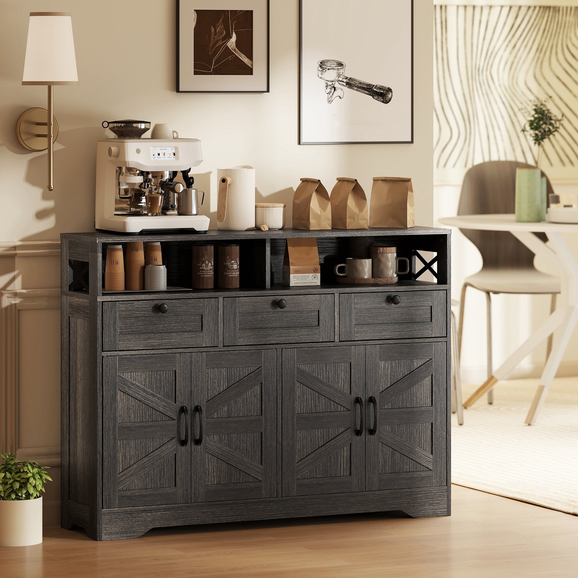 Sideboard Buffet Cabinet with 4 Barn Doors - Dark Brown-DECOROLALA