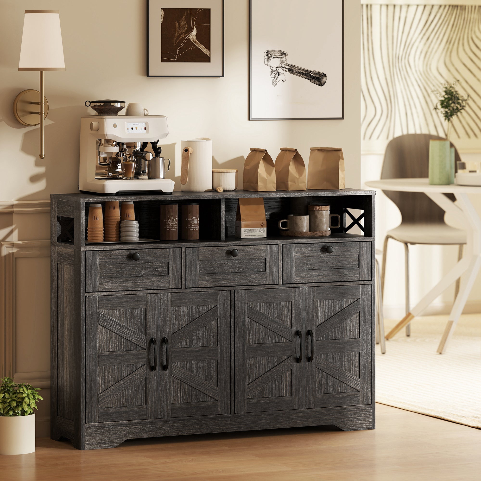 Sideboard Buffet Cabinet with 4 Barn Doors - Dark Brown-DECOROLALA