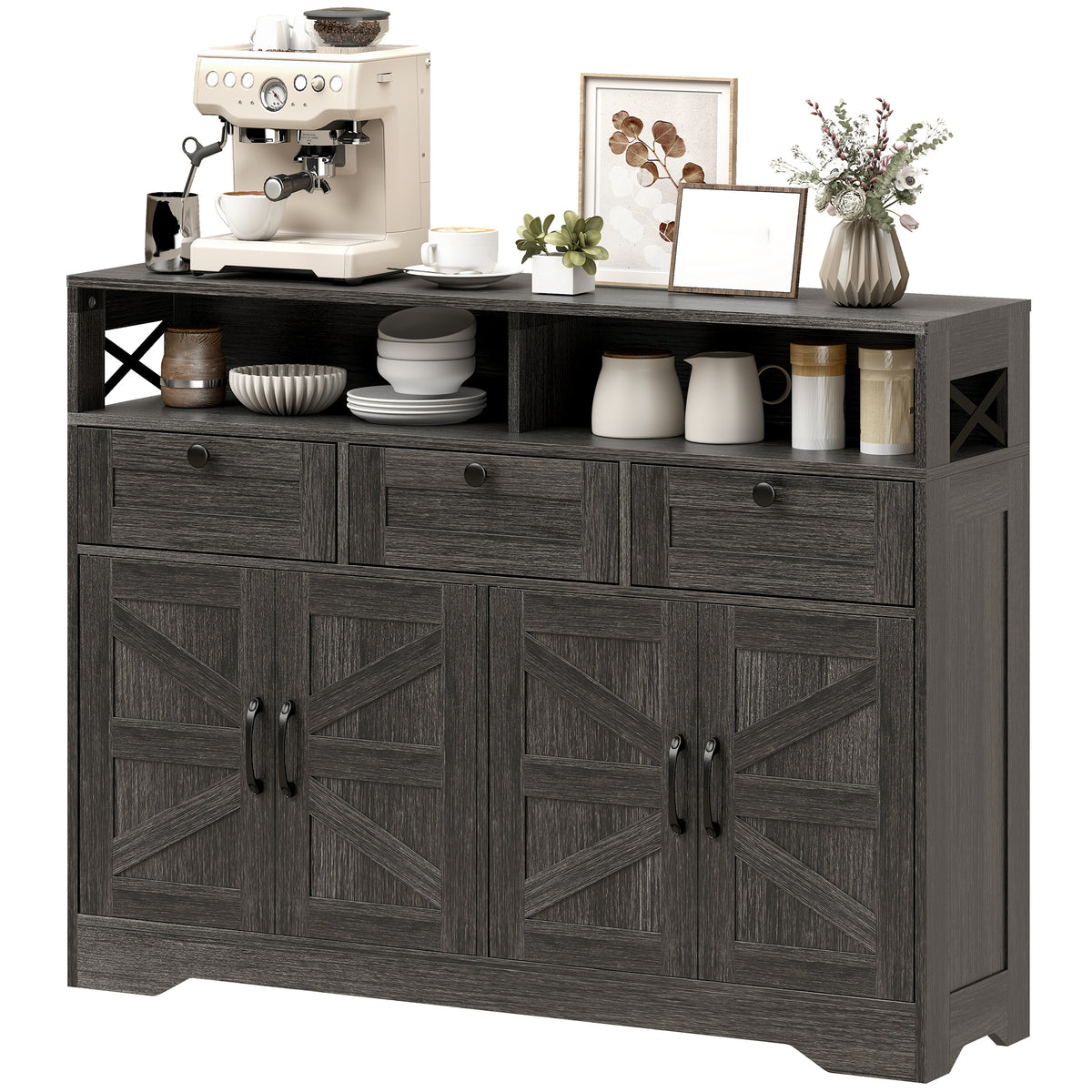 Sideboard Buffet Cabinet with 4 Barn Doors - Dark Brown-Sideboards & Buffets-DECOROLALA