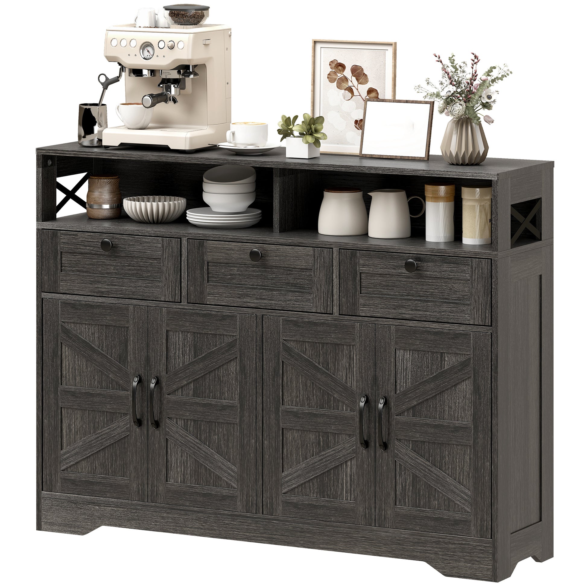 Sideboard Buffet Cabinet with 4 Barn Doors - Dark Brown-DECOROLALA