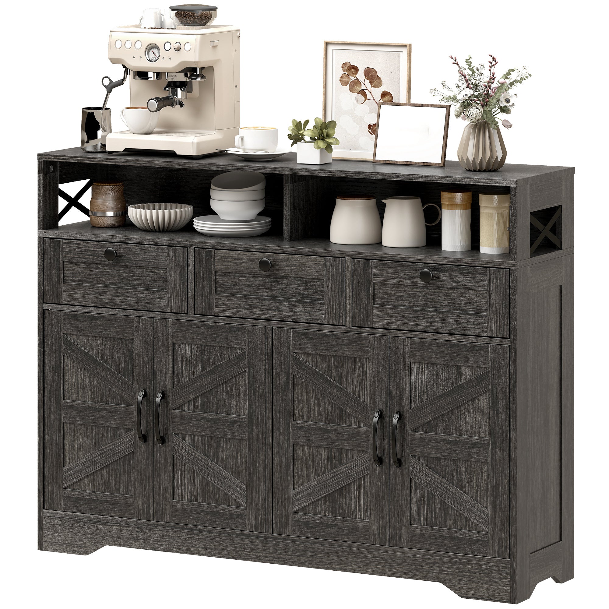 Sideboard Buffet Cabinet with 4 Barn Doors - Dark Brown-DECOROLALA