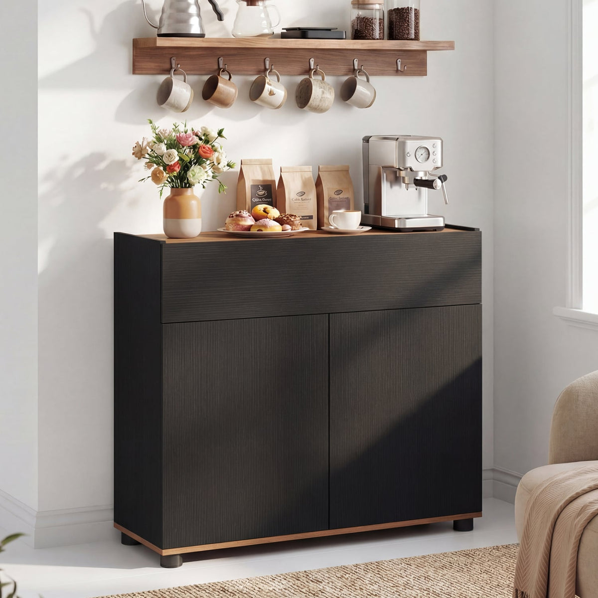 Sideboard Buffet Cabinet with Storage Wooden Kitchen Storage Cabinet-Black-Sideboards & Buffets-DECOROLALA