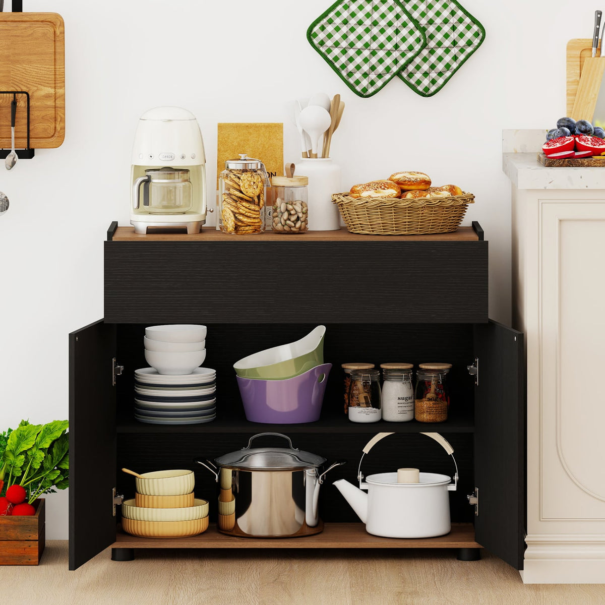 Sideboard Buffet Cabinet with Storage Wooden Kitchen Storage Cabinet-Black-Sideboards & Buffets-DECOROLALA