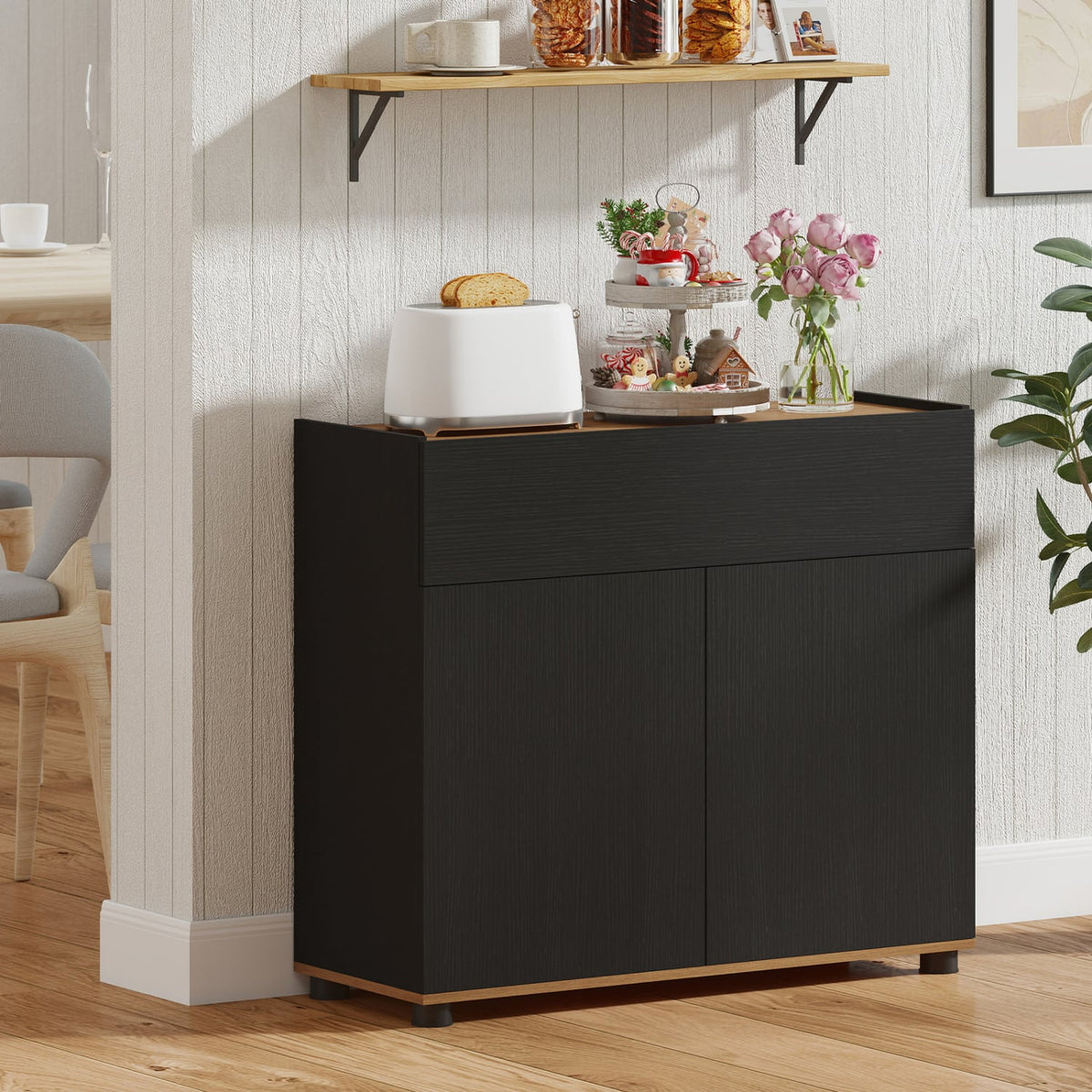 Sideboard Buffet Cabinet with Storage Wooden Kitchen Storage Cabinet-Black-Sideboards & Buffets-DECOROLALA