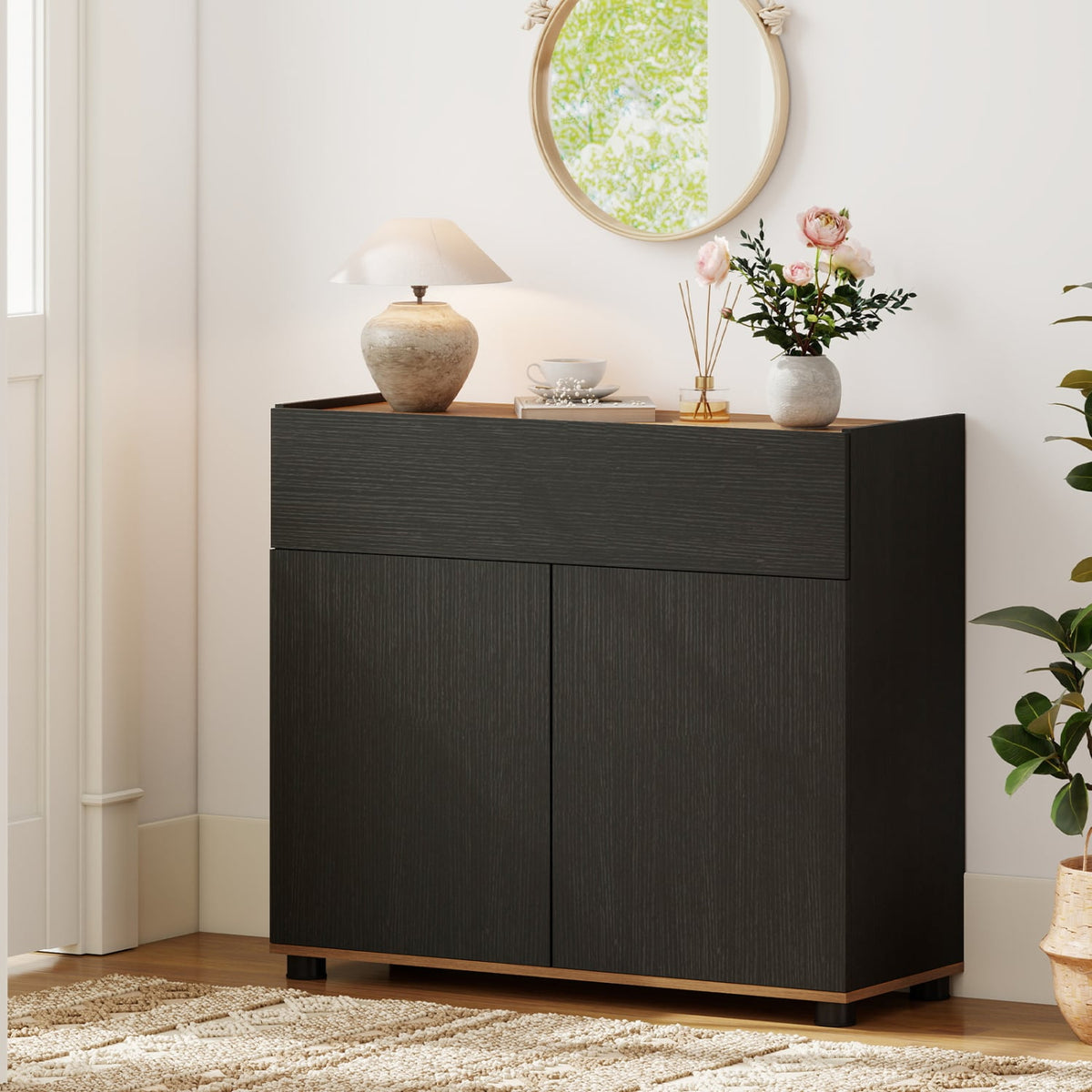 Sideboard Buffet Cabinet with Storage Wooden Kitchen Storage Cabinet-Black-Sideboards & Buffets-DECOROLALA