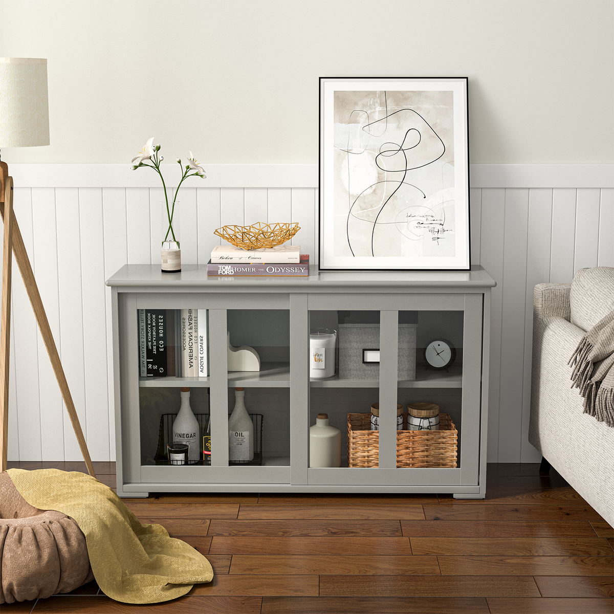 Sideboard Buffet Cupboard Storage Cabinet with Sliding Door-Gray-Sideboards & Buffets-DECOROLALA