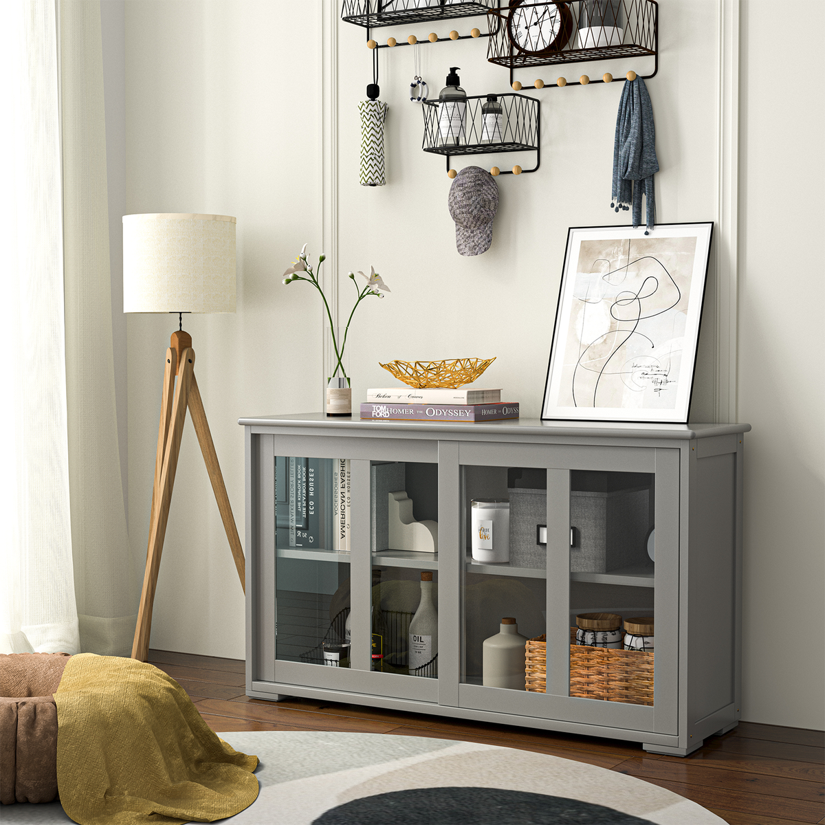 Sideboard Buffet Cupboard Storage Cabinet with Sliding Door-Gray-Sideboards & Buffets-DECOROLALA