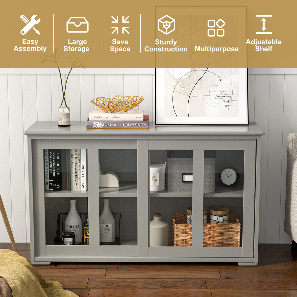 Sideboard Buffet Cupboard Storage Cabinet with Sliding Door-Gray-Sideboards & Buffets-DECOROLALA