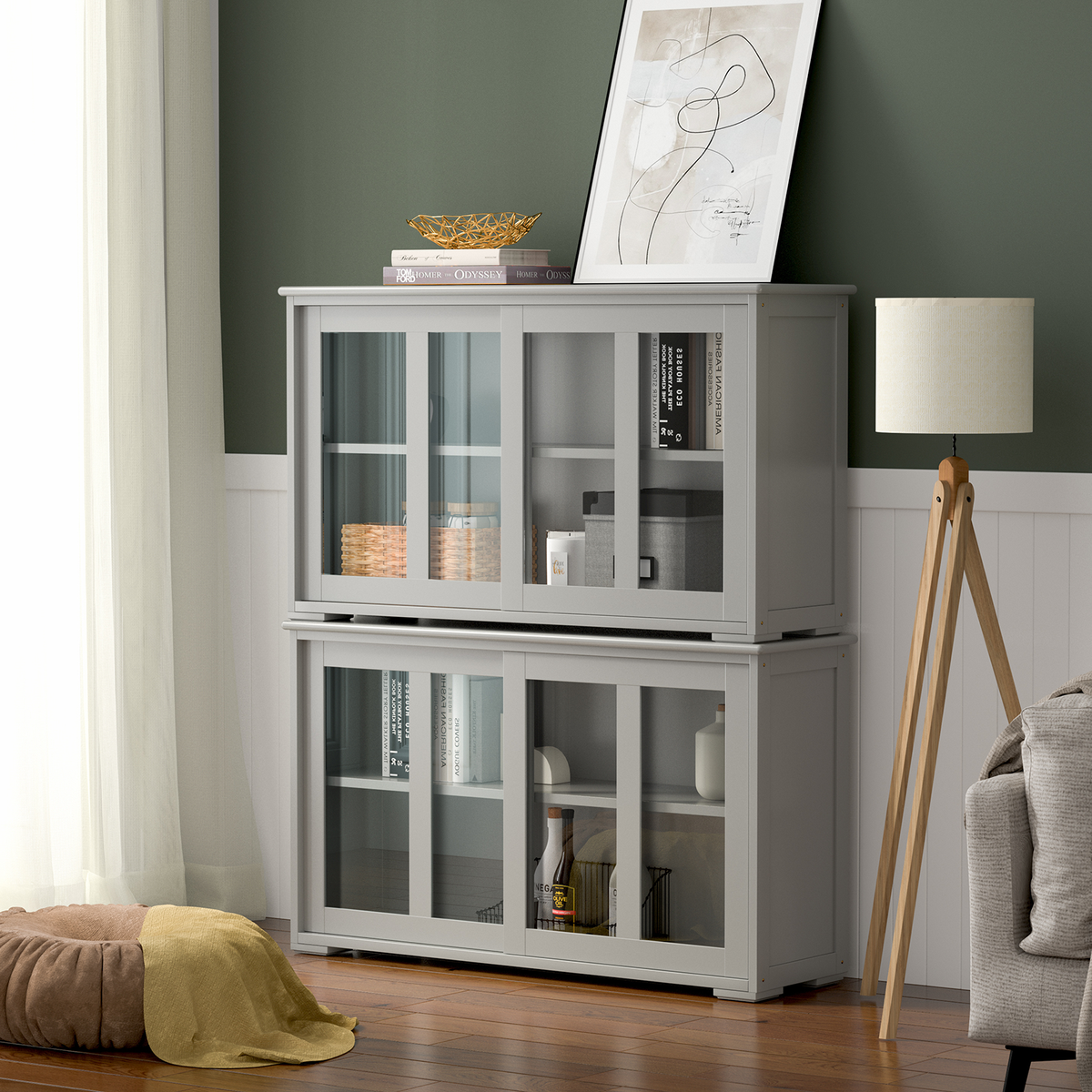 Sideboard Buffet Cupboard Storage Cabinet with Sliding Door-Gray-Sideboards & Buffets-DECOROLALA