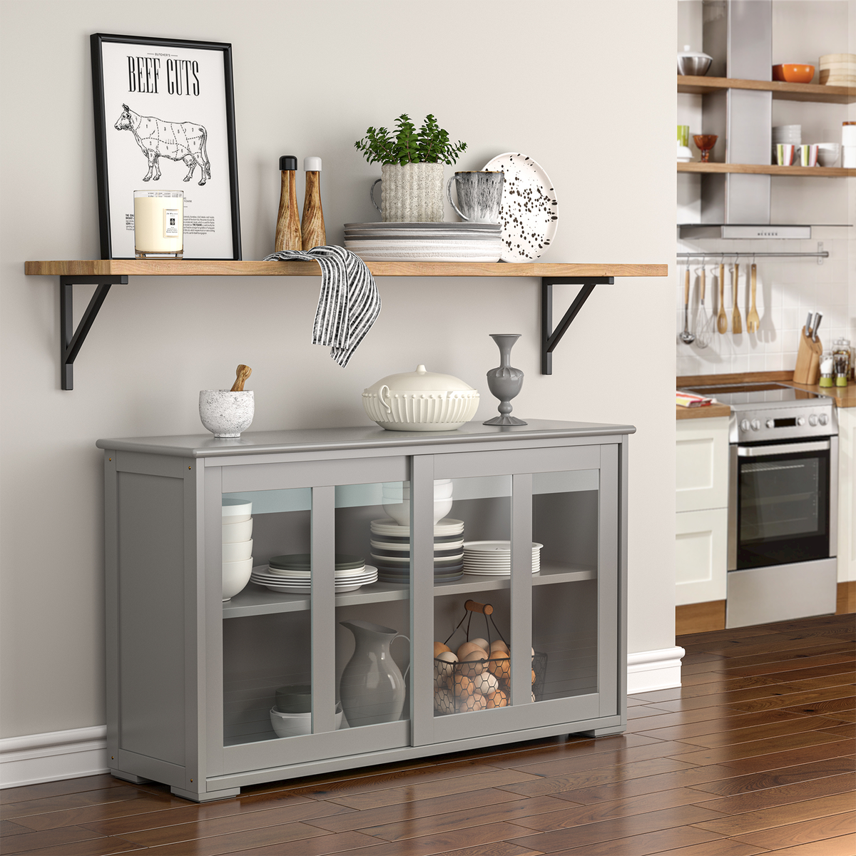 Sideboard Buffet Cupboard Storage Cabinet with Sliding Door-Gray-Sideboards & Buffets-DECOROLALA