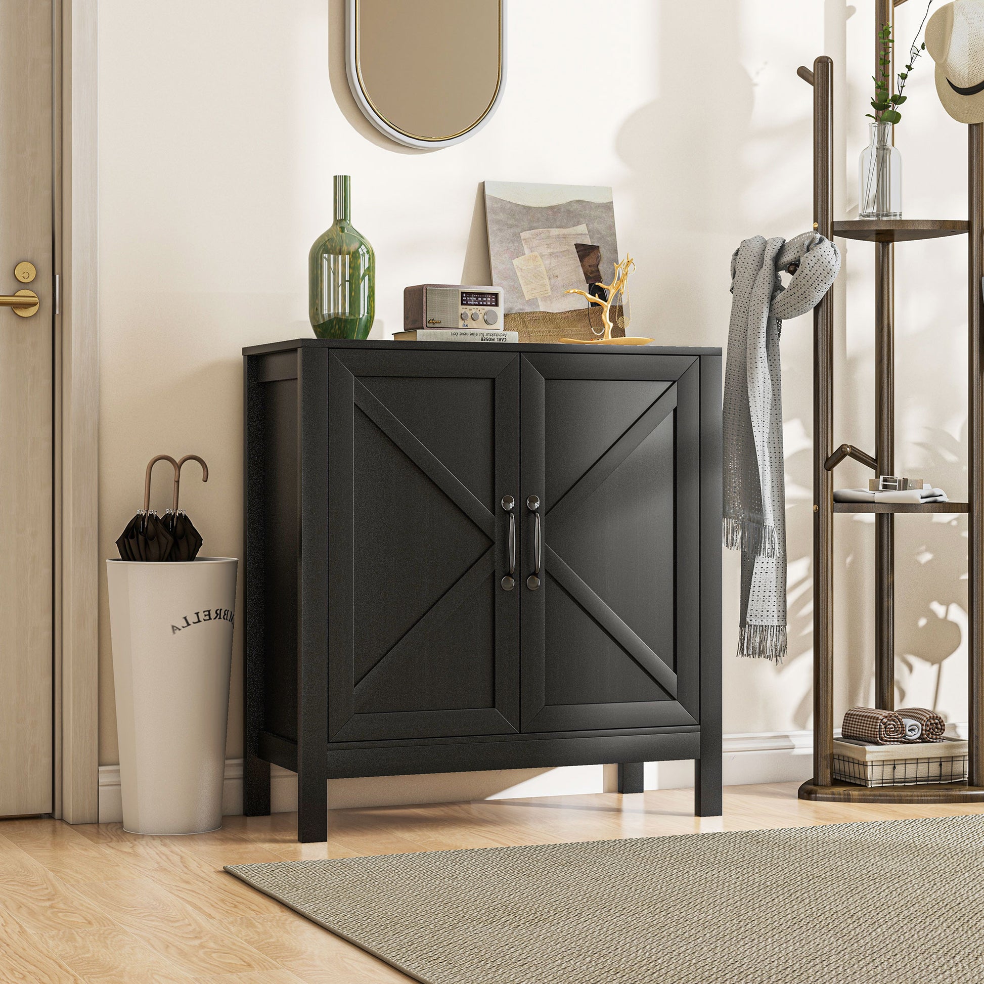 Sideboard Buffet, Kitchen Storage Cabinet with Barn Door and Adjustable Shelves, Storage Pantry, Black Oak-Home Furnishings > Kitchen & Dining Furniture > Bar Cabinets-DECOROLALA