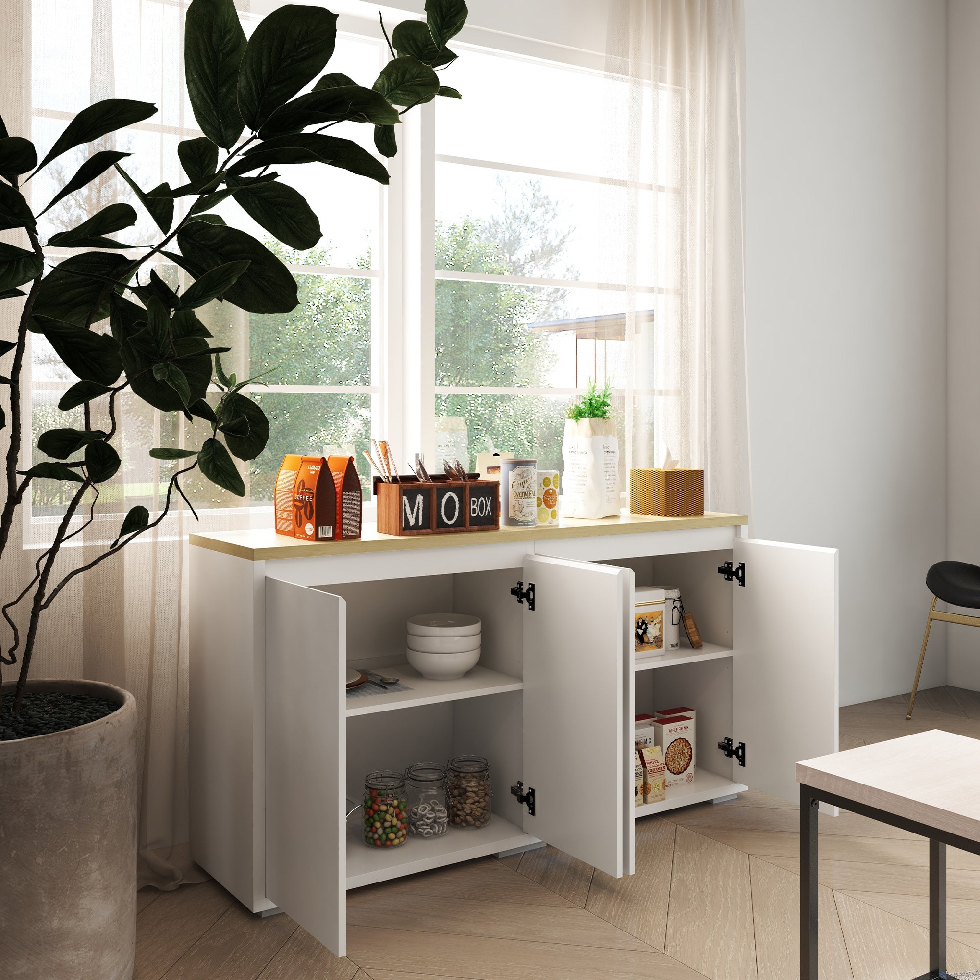 Sideboard Cabinet - 2 Double Doors, White, Adjustable Shelves for Living Room-DECOROLALA