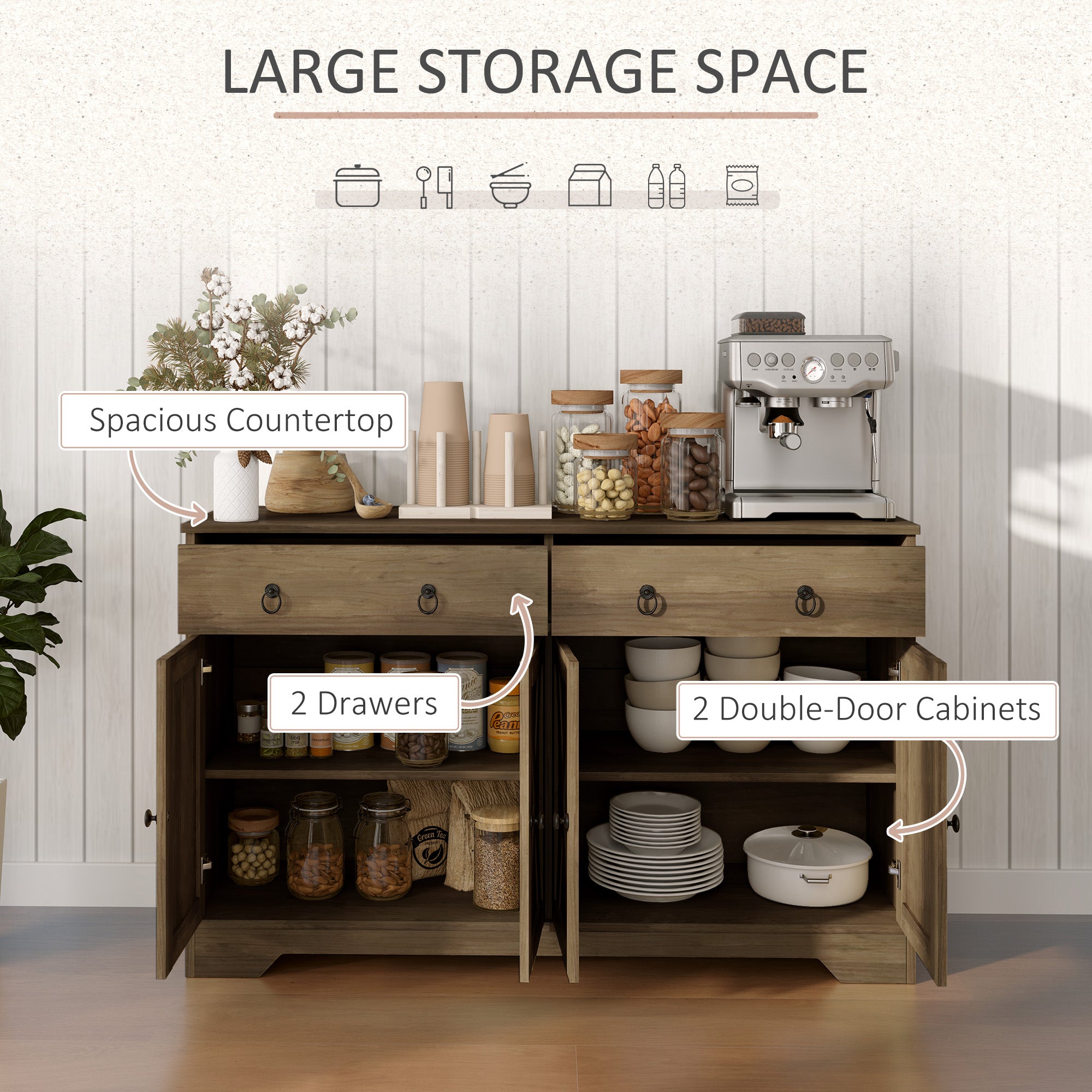 Sideboard Cabinet - 2 Drawers, 4 Barn Doors, 2 Shelves - Light Brown Buffet-DECOROLALA