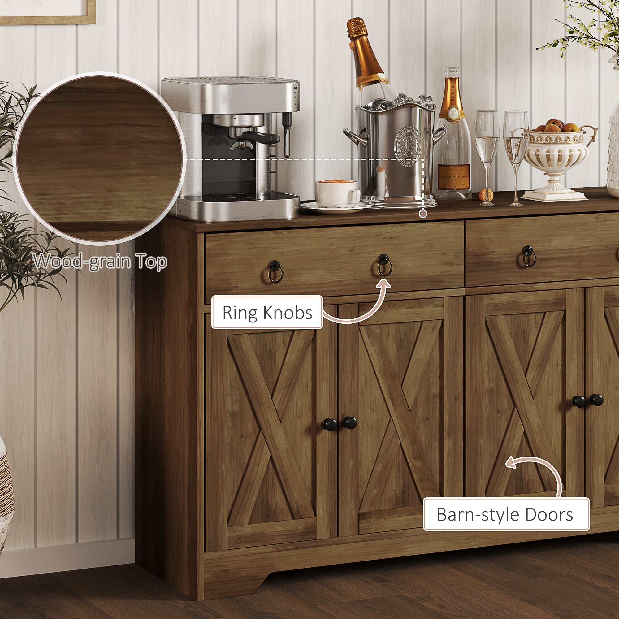 Sideboard Cabinet - 2 Drawers, 4 Barn Doors, 2 Shelves - Light Brown Buffet-DECOROLALA