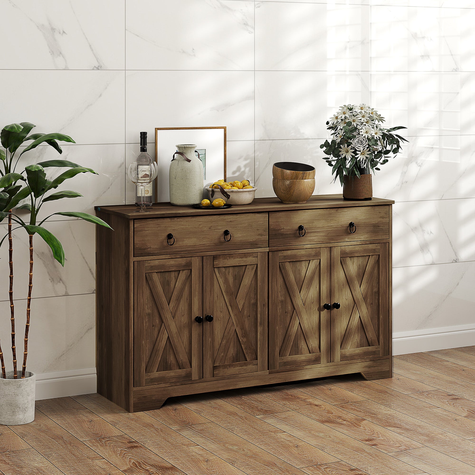 Sideboard Cabinet - 2 Drawers, 4 Barn Doors, 2 Shelves - Light Brown Buffet-DECOROLALA