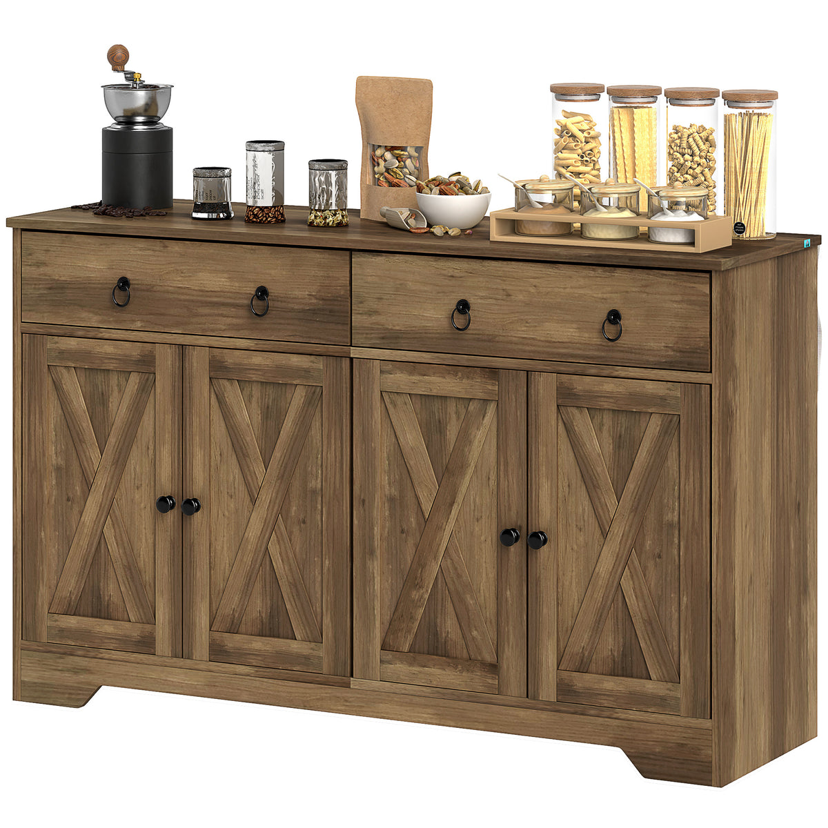 Sideboard Cabinet - 2 Drawers, 4 Barn Doors, 2 Shelves - Light Brown Buffet-Sideboards & Buffets-DECOROLALA