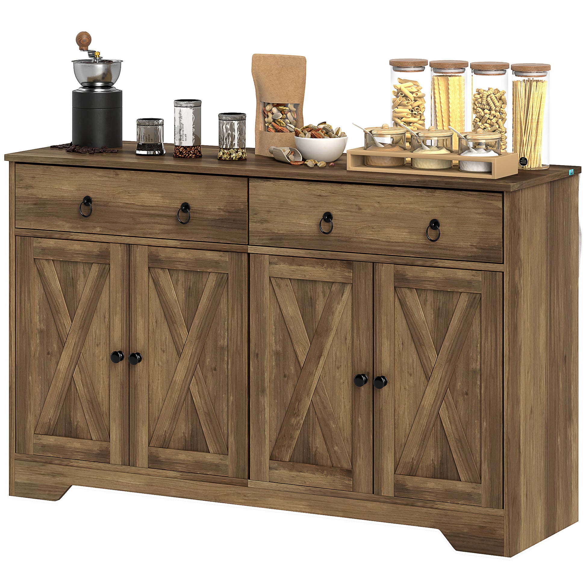 Sideboard Cabinet - 2 Drawers, 4 Barn Doors, 2 Shelves - Light Brown Buffet-DECOROLALA
