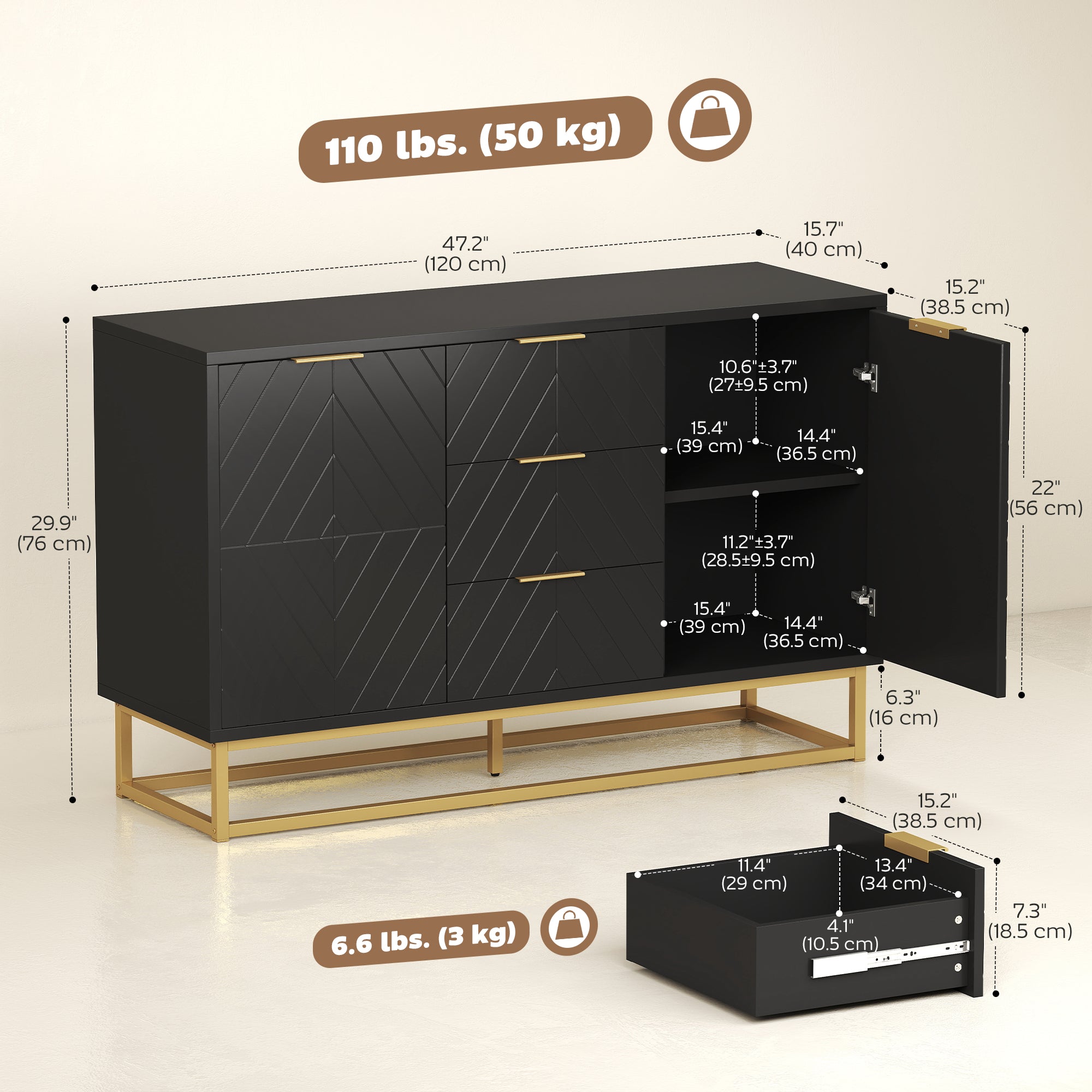 Sideboard Cabinet - Black, 3 Drawers, Adjustable Shelves, Kitchen Buffet-DECOROLALA