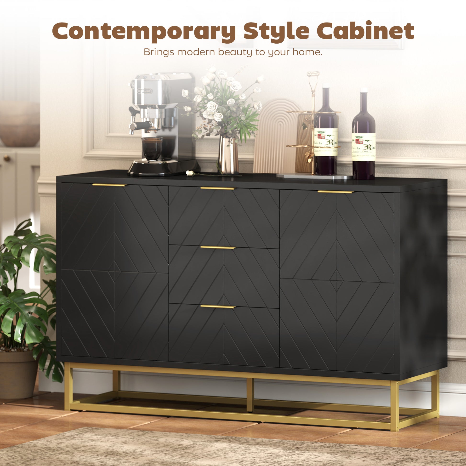 Sideboard Cabinet - Black, 3 Drawers, Adjustable Shelves, Kitchen Buffet-DECOROLALA