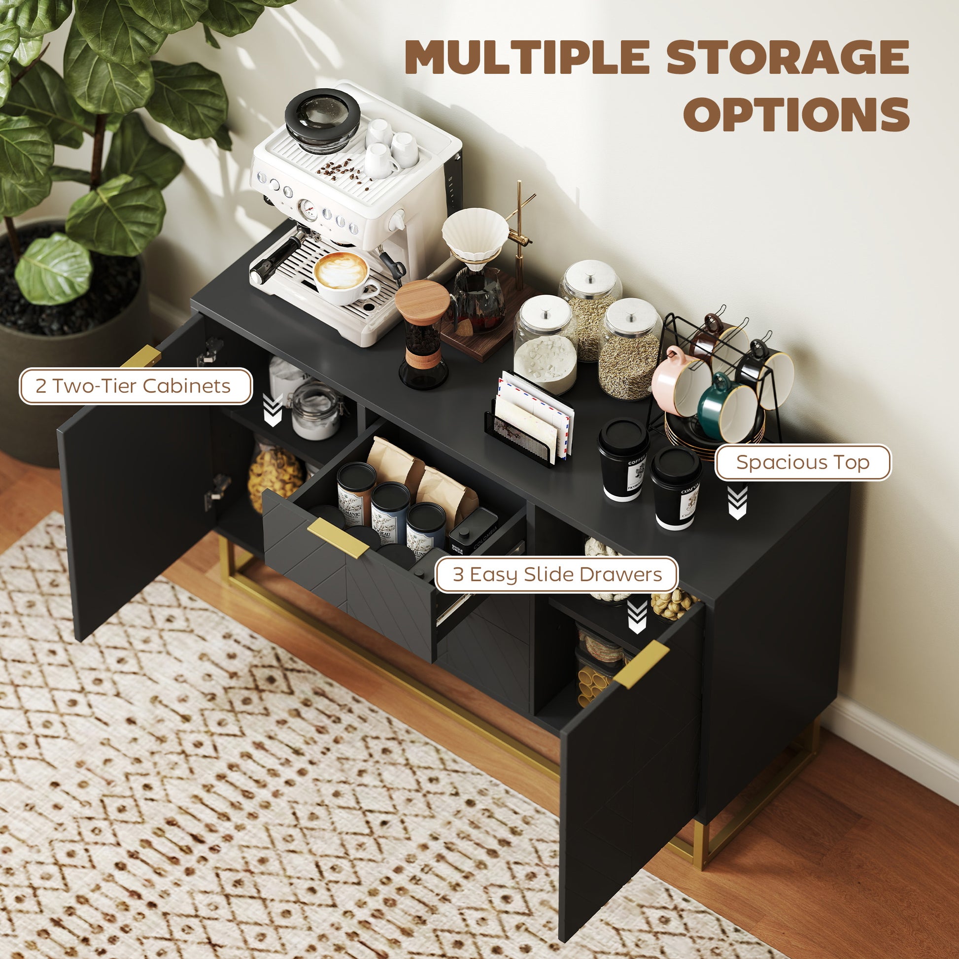 Sideboard Cabinet - Black, 3 Drawers, Adjustable Shelves, Kitchen Buffet-DECOROLALA
