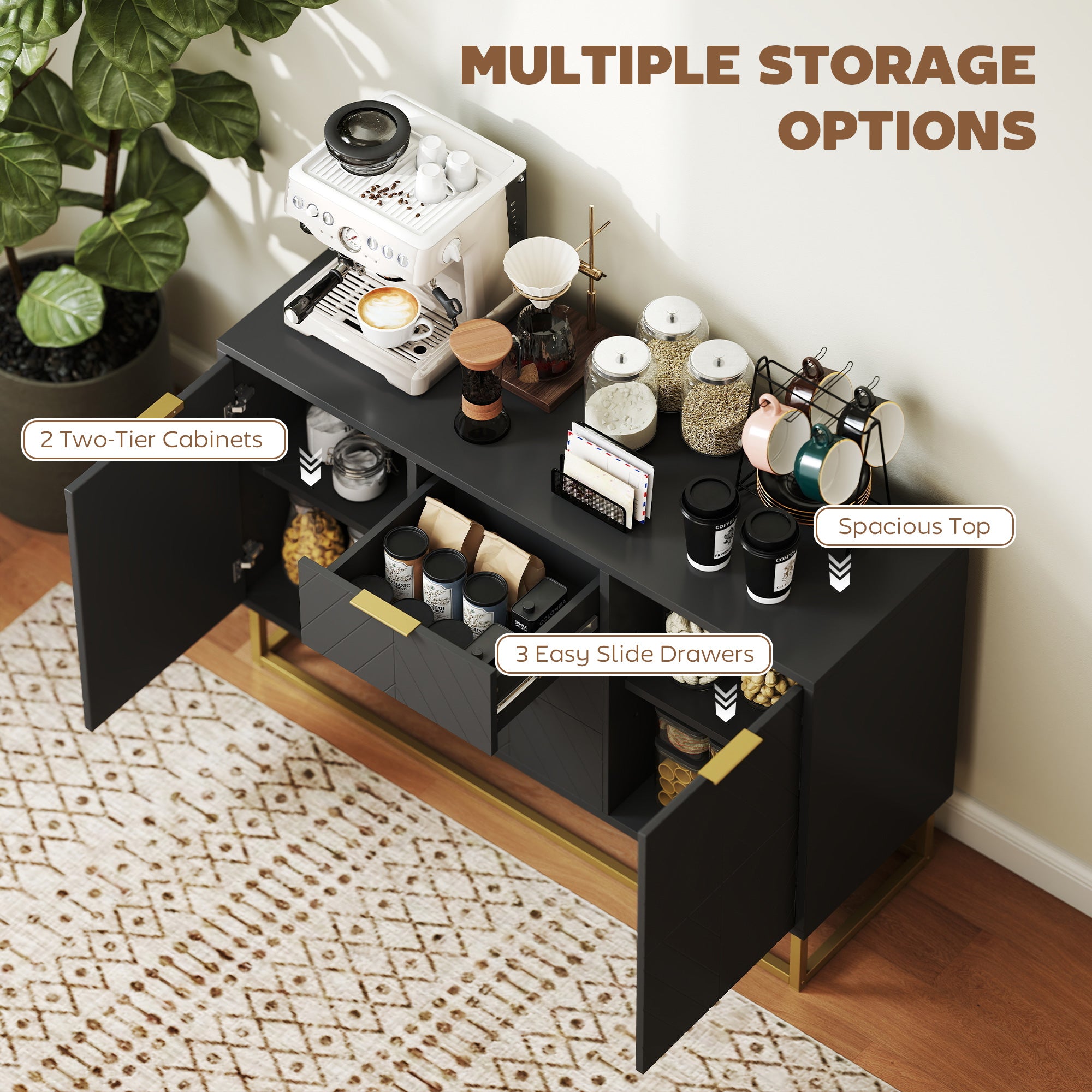 Sideboard Cabinet - Black, 3 Drawers, Adjustable Shelves, Kitchen Buffet-DECOROLALA