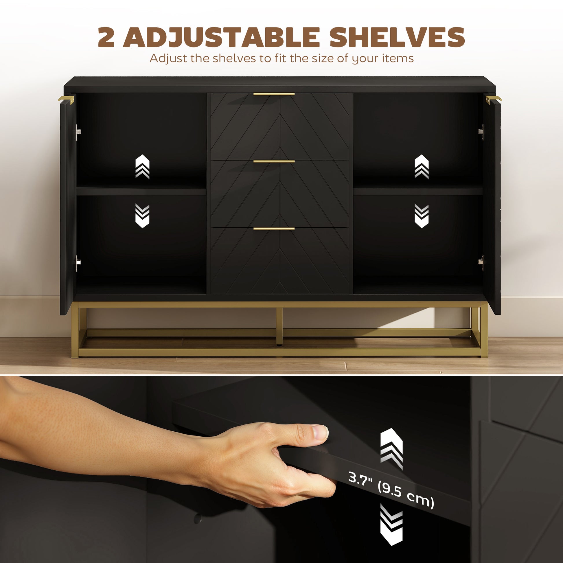 Sideboard Cabinet - Black, 3 Drawers, Adjustable Shelves, Kitchen Buffet-DECOROLALA