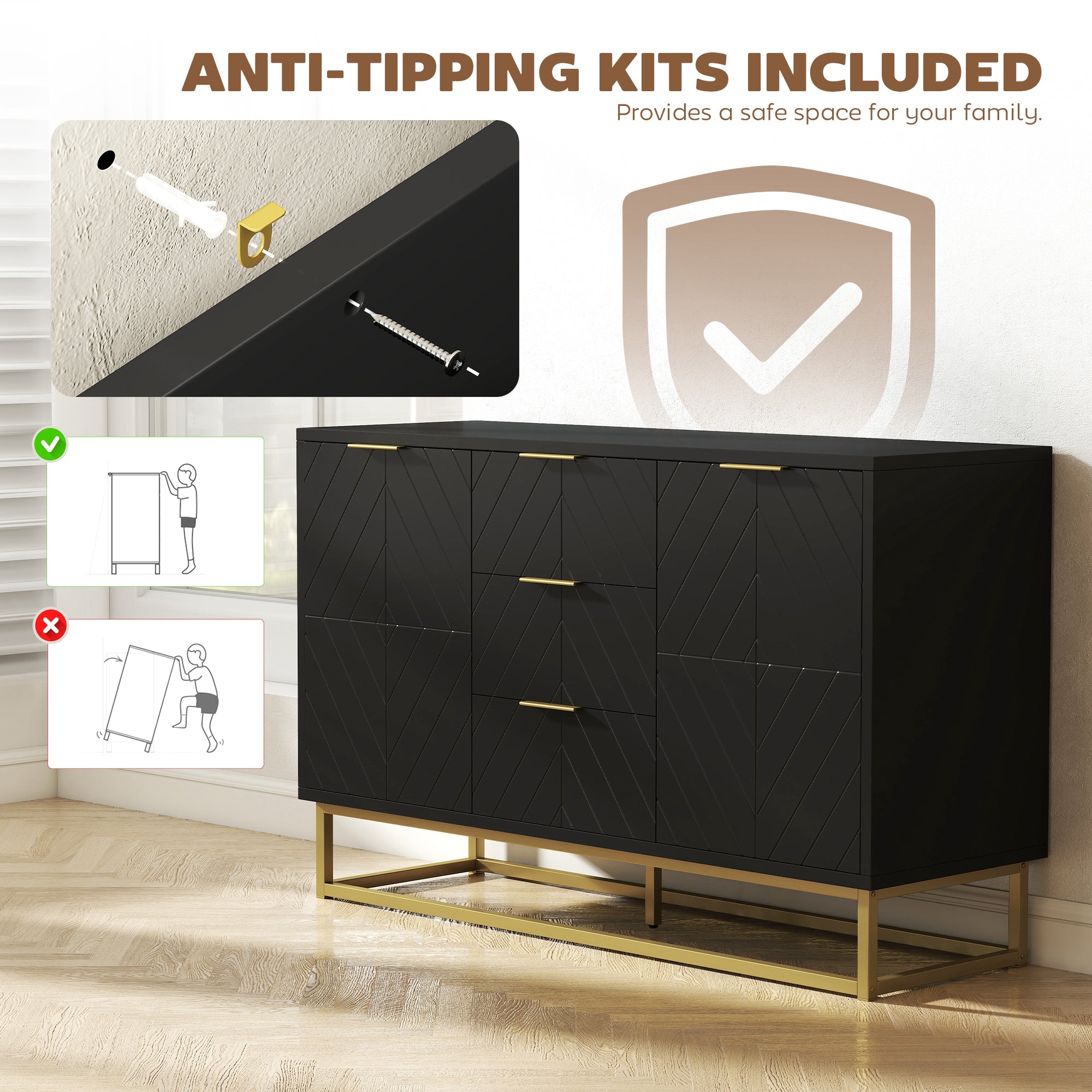 Sideboard Cabinet - Black, 3 Drawers, Adjustable Shelves, Kitchen Buffet-DECOROLALA