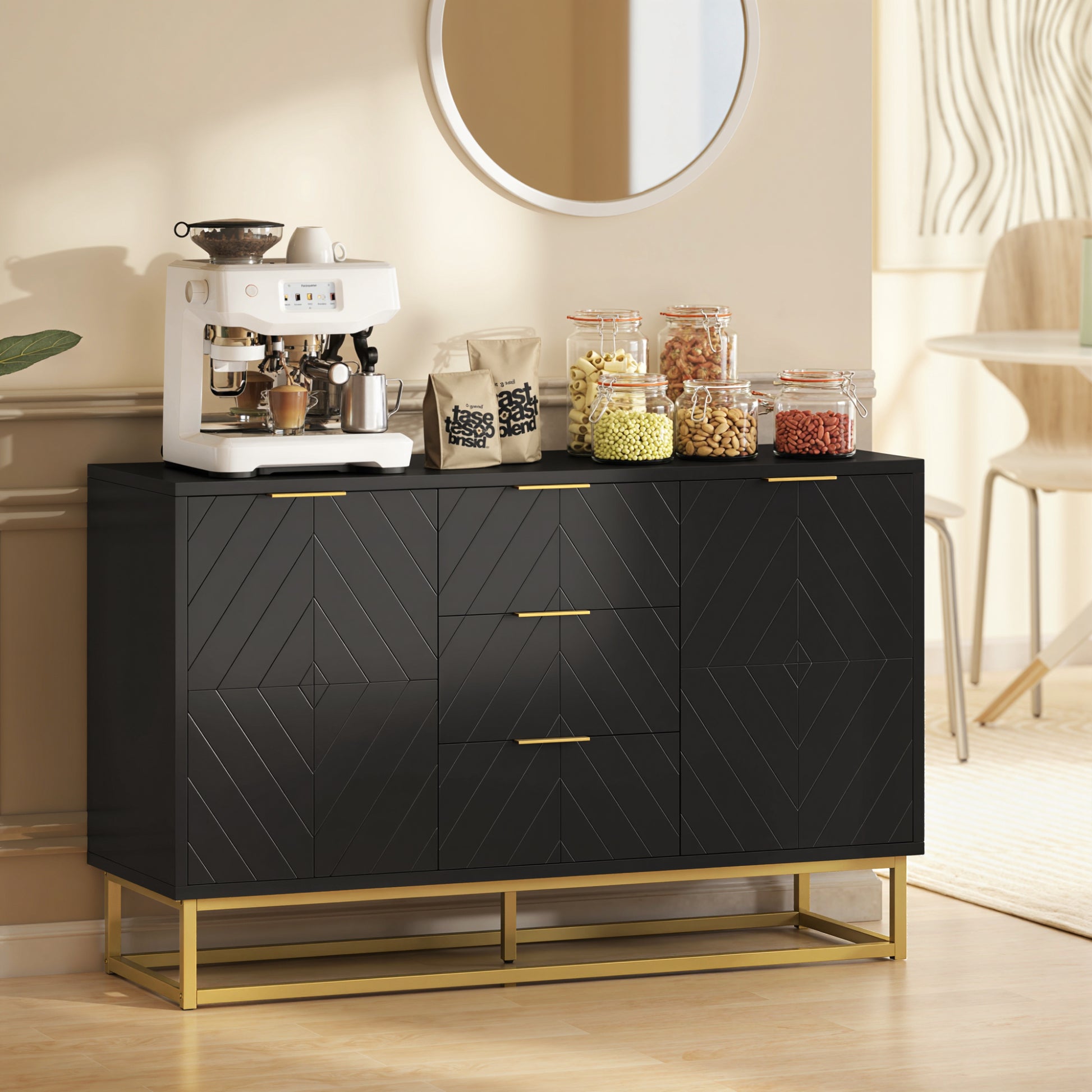 Sideboard Cabinet - Black, 3 Drawers, Adjustable Shelves, Kitchen Buffet-DECOROLALA