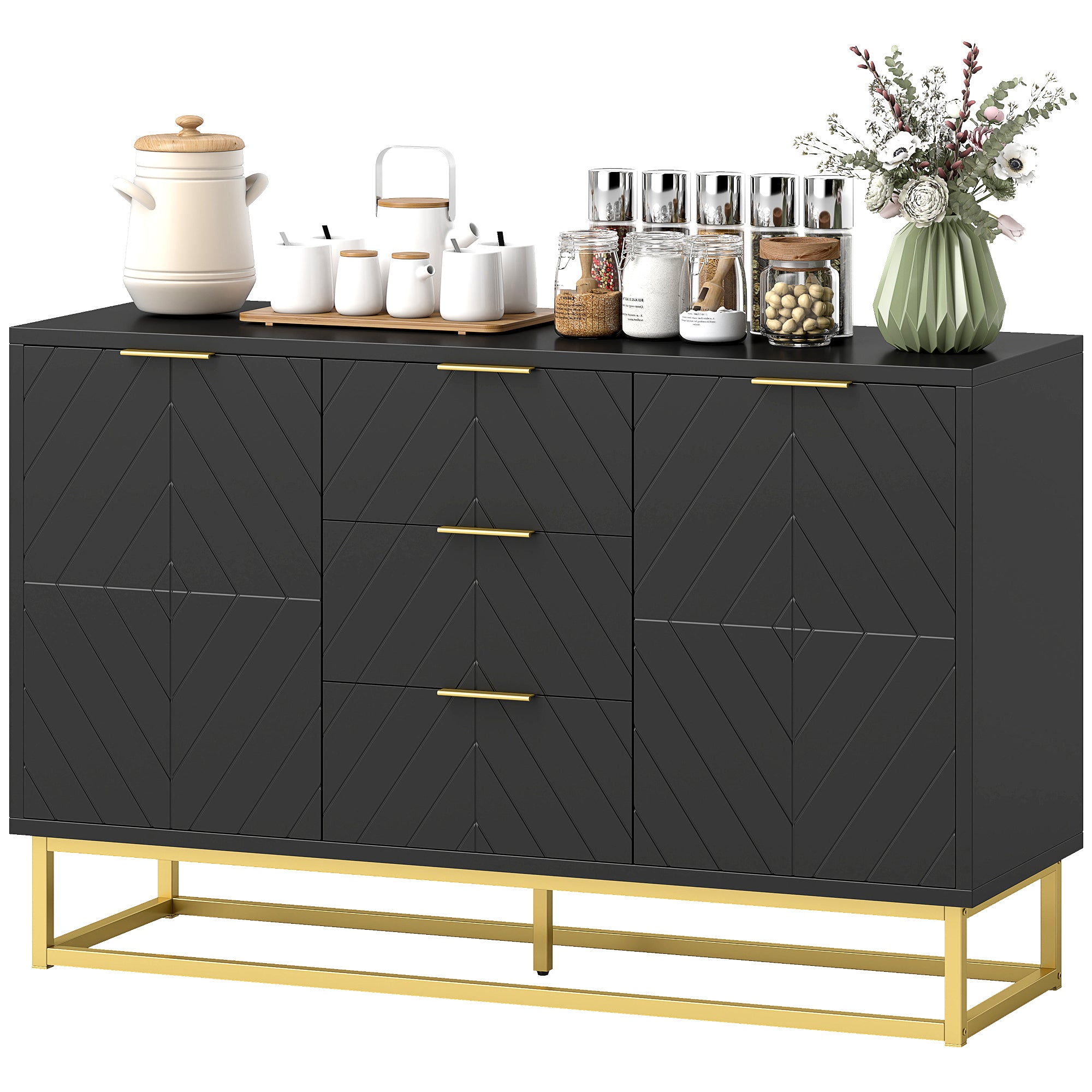 Sideboard Cabinet - Black, 3 Drawers, Adjustable Shelves, Kitchen Buffet-DECOROLALA