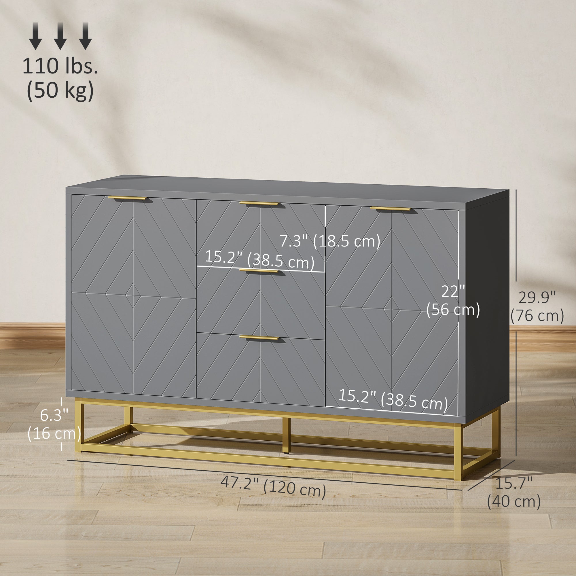 Sideboard Storage Cabinet - 3 Drawers Grey 47" Buffet-DECOROLALA