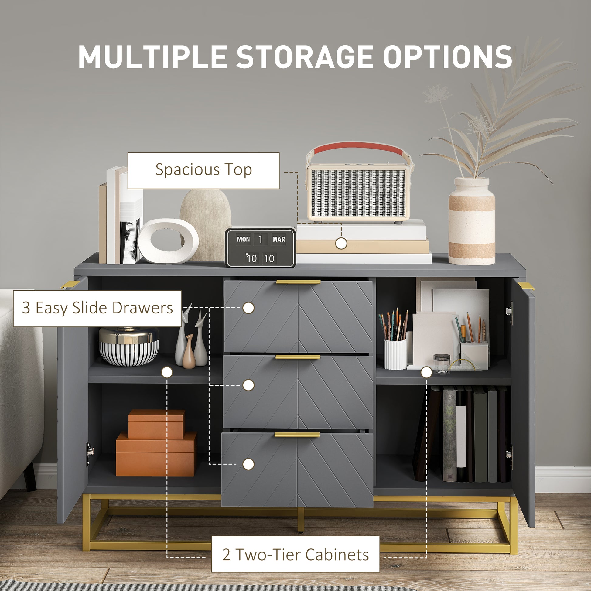 Sideboard Storage Cabinet - 3 Drawers Grey 47" Buffet-DECOROLALA