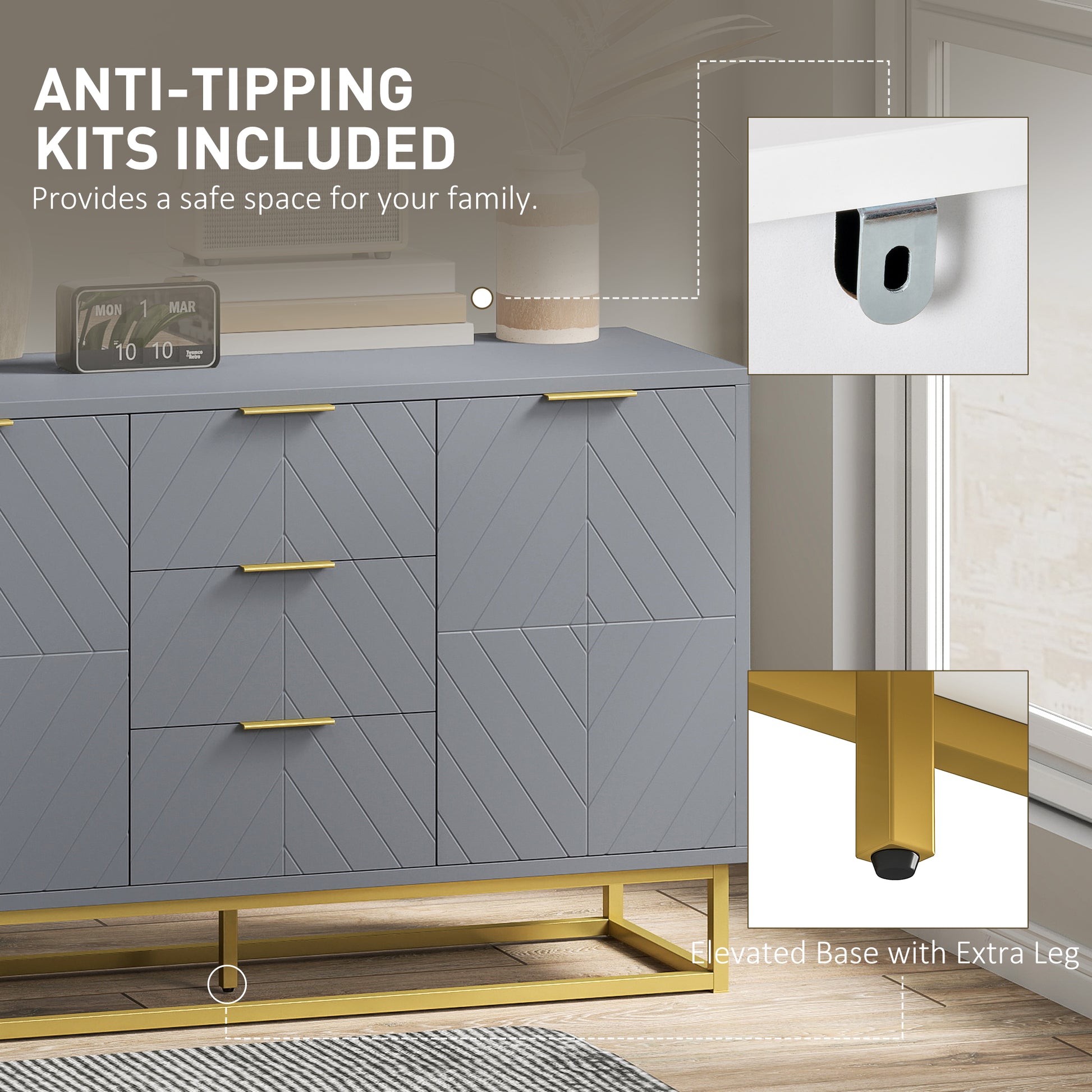 Sideboard Storage Cabinet - 3 Drawers Grey 47" Buffet-DECOROLALA
