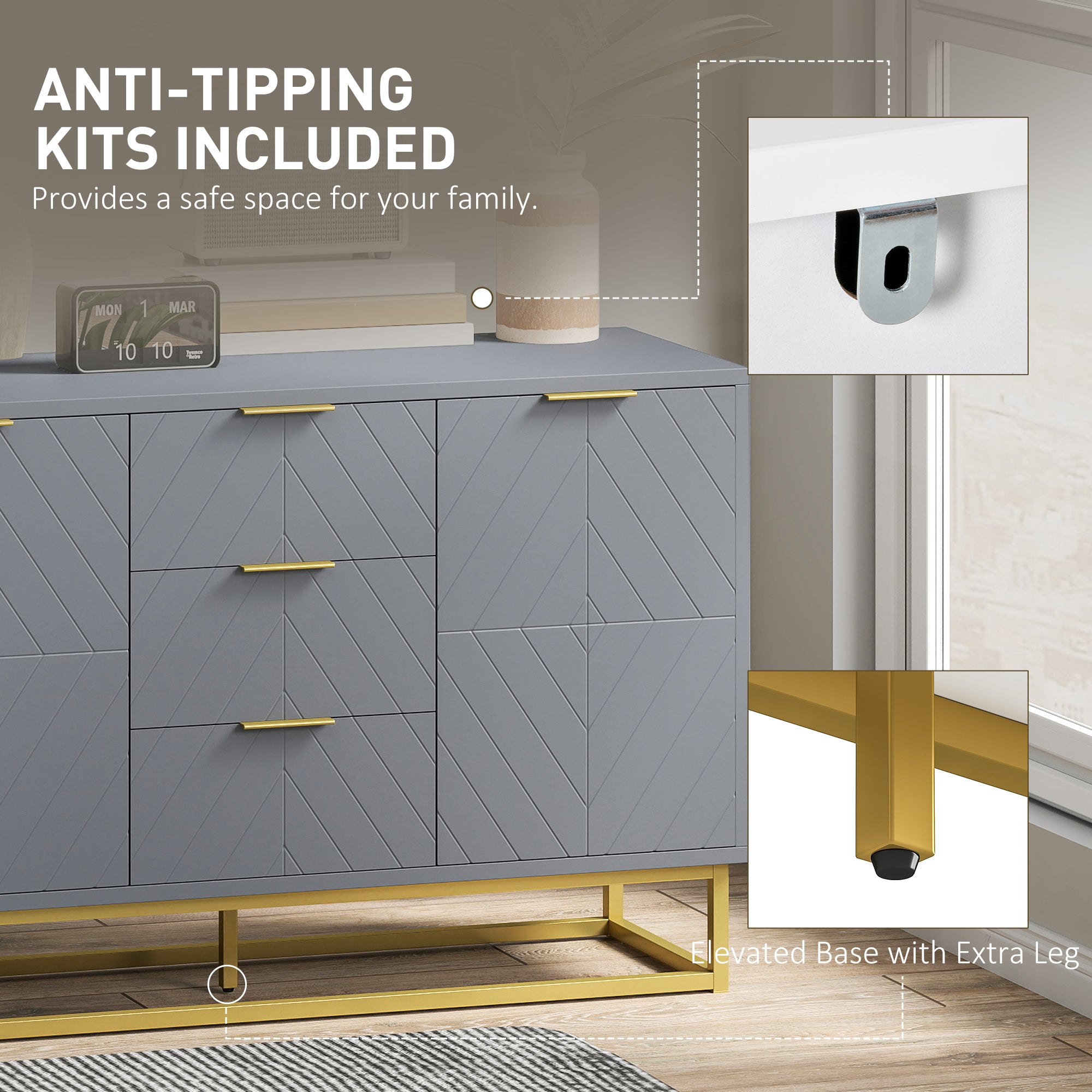 Sideboard Storage Cabinet - 3 Drawers Grey 47" Buffet-DECOROLALA