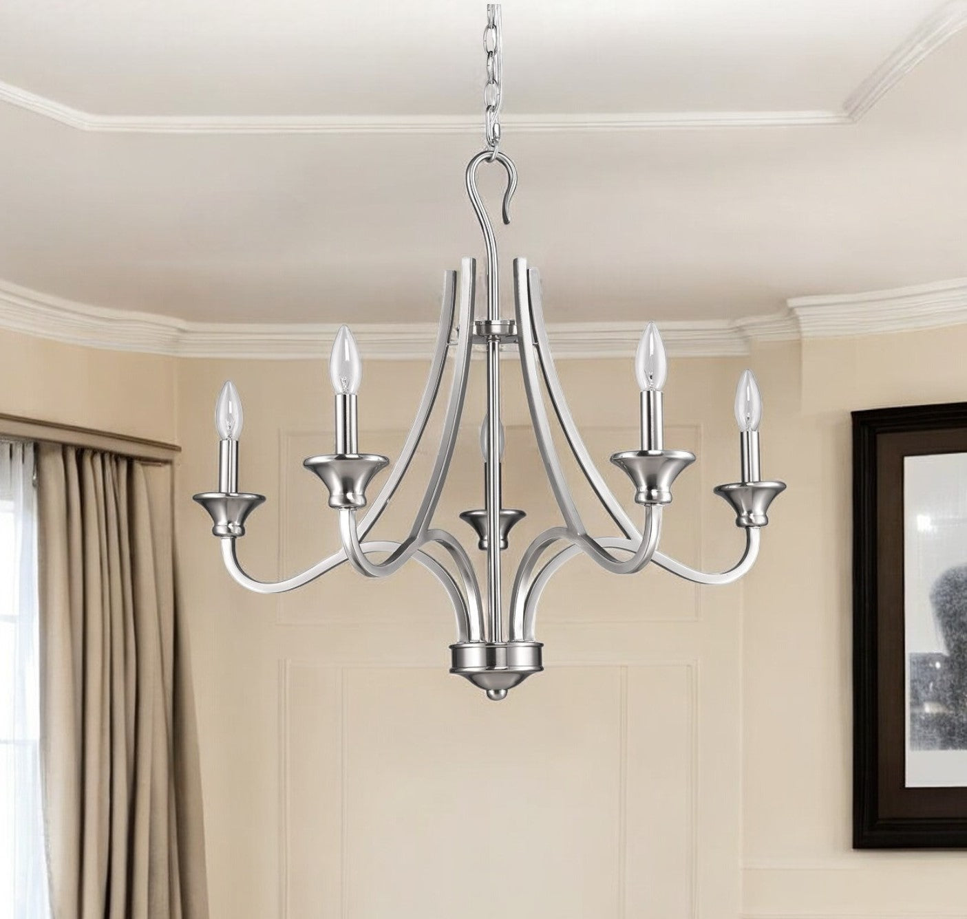 Silver Candle Style Five Light Metal Dimmable Chandelier-Chandeliers-DECOROLALA