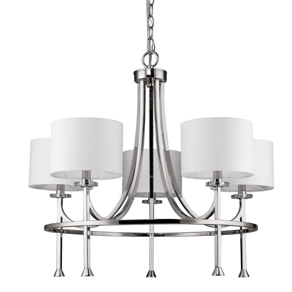 Silver Candle Style Five Light Metal and Crystals Dimmable Chandelier With White Shades-Chandeliers-DECOROLALA