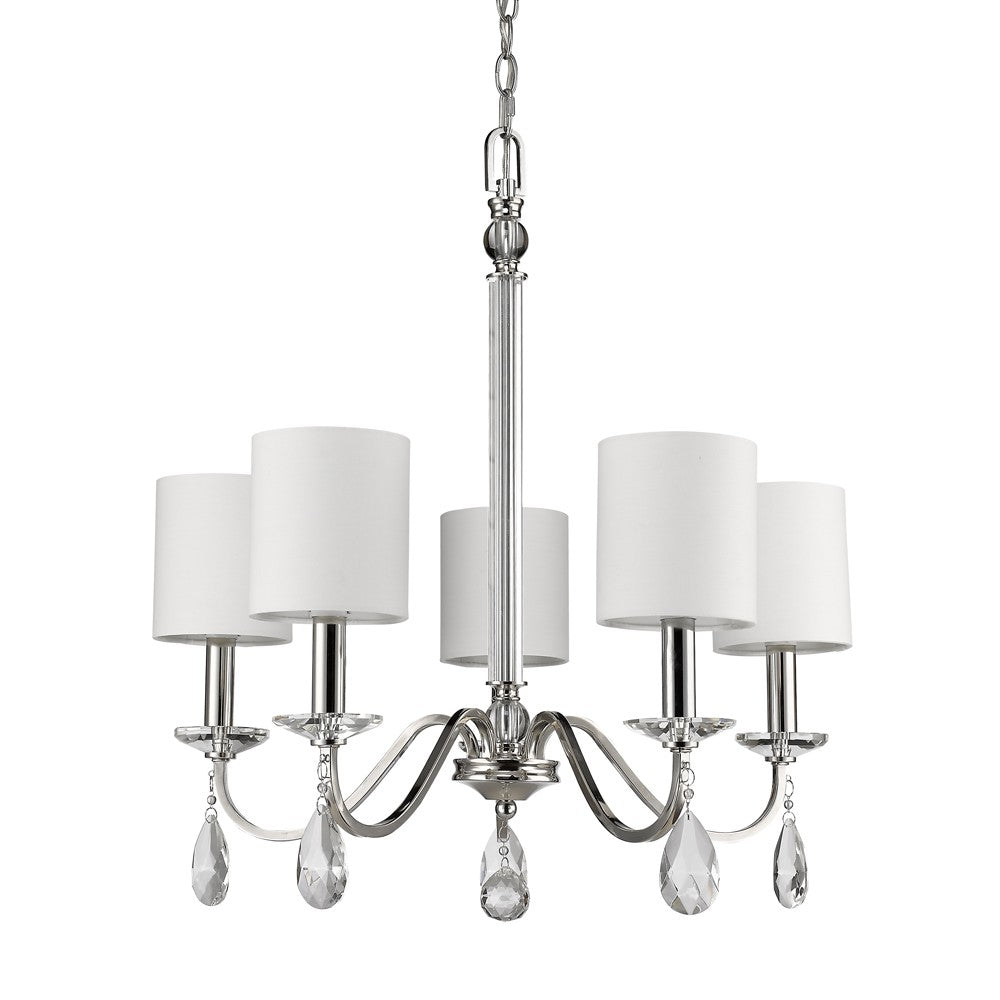 Silver Candle Style Five Light Metal and Crystals Dimmable Chandelier With White Shades-Chandeliers-DECOROLALA