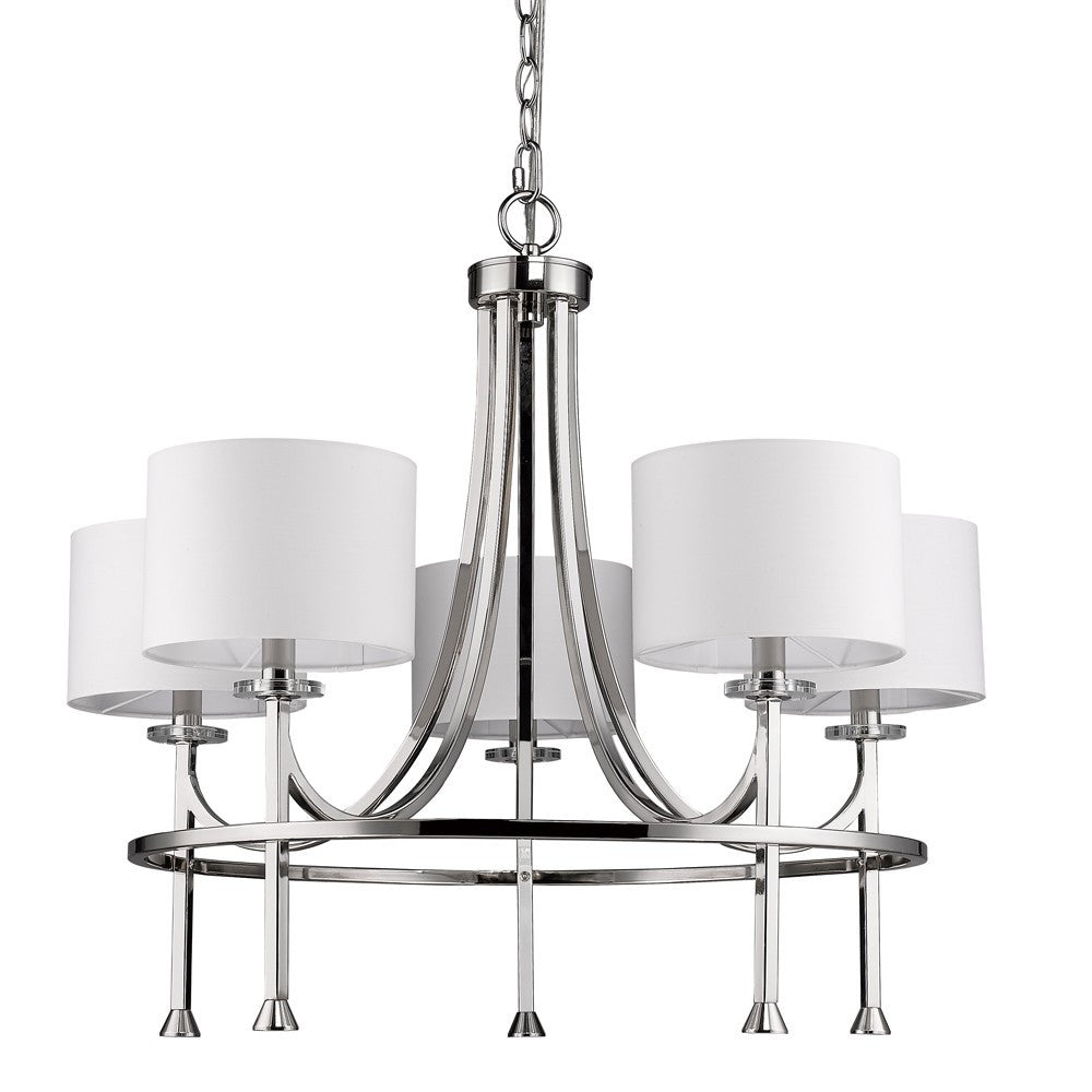 Silver Candle Style Five Light Metal and Crystals Dimmable Chandelier With White Shades-Chandeliers-DECOROLALA