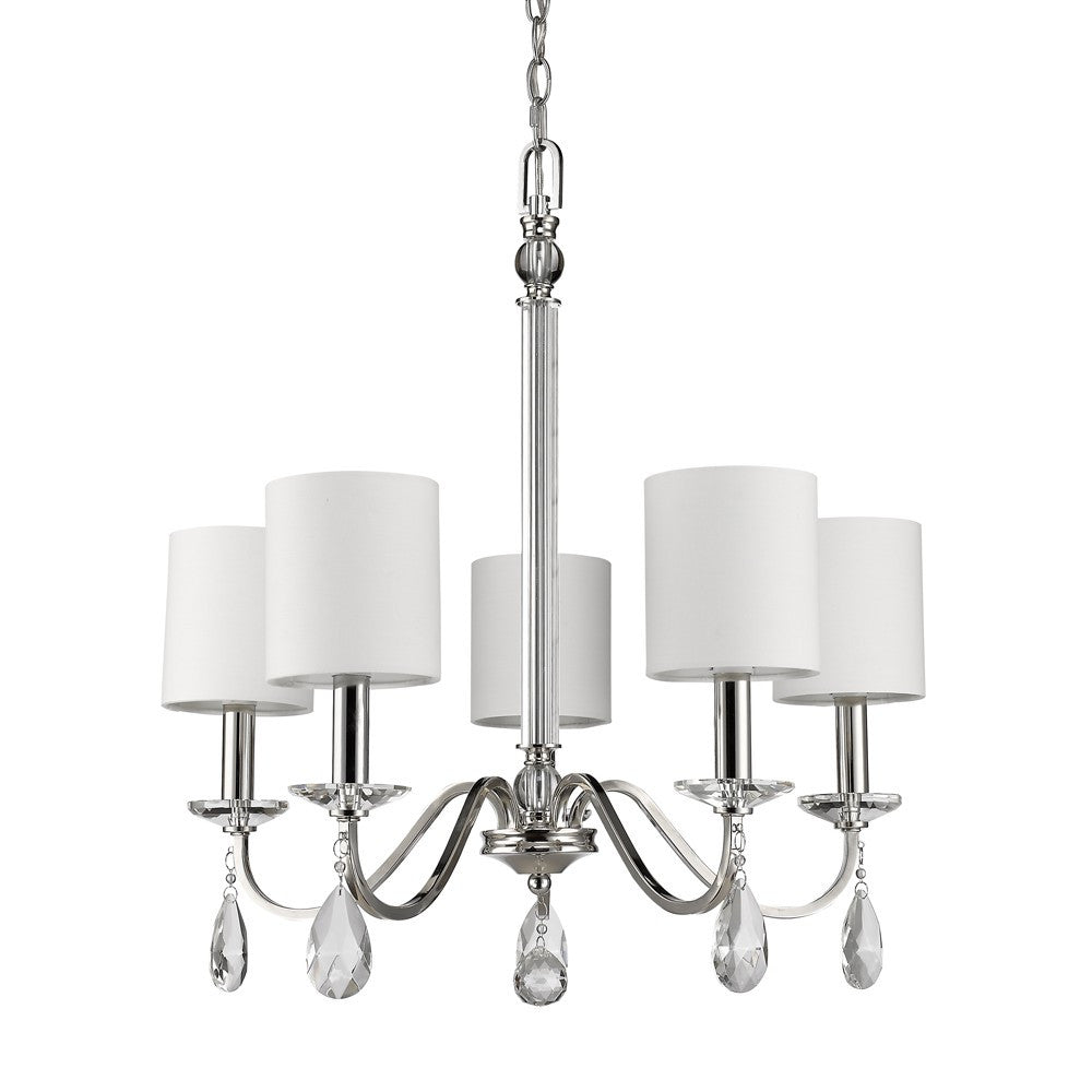 Silver Candle Style Five Light Metal and Crystals Dimmable Chandelier With White Shades-Chandeliers-DECOROLALA