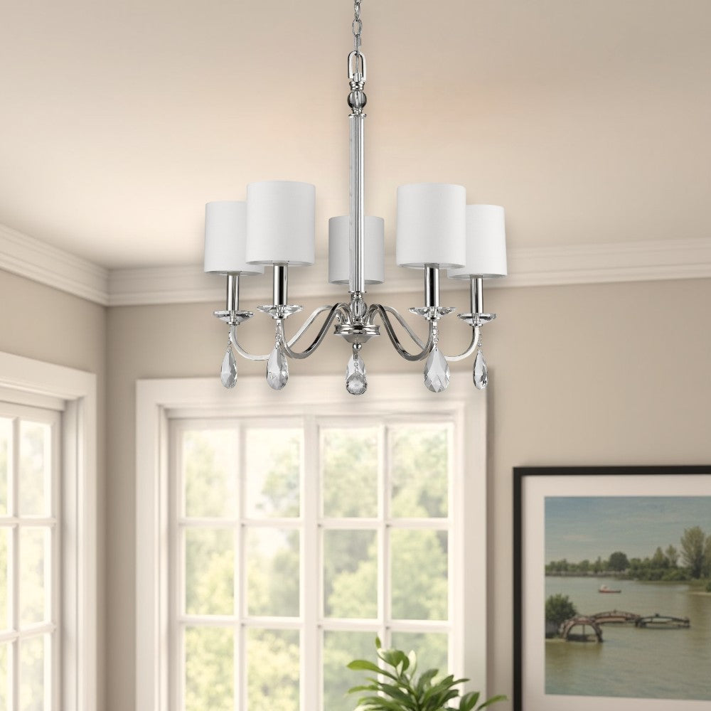 Silver Candle Style Five Light Metal and Crystals Dimmable Chandelier With White Shades-Chandeliers-DECOROLALA