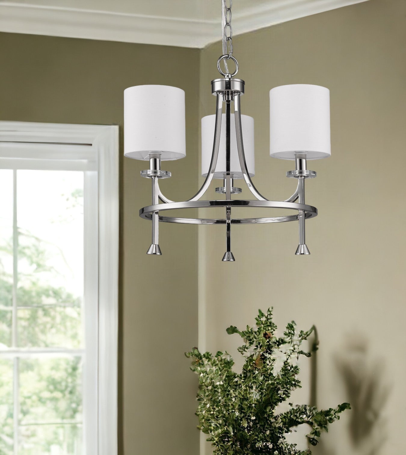 Silver Candle Style Three Light Metal Dimmable Chandelier With White Shades-Chandeliers-DECOROLALA