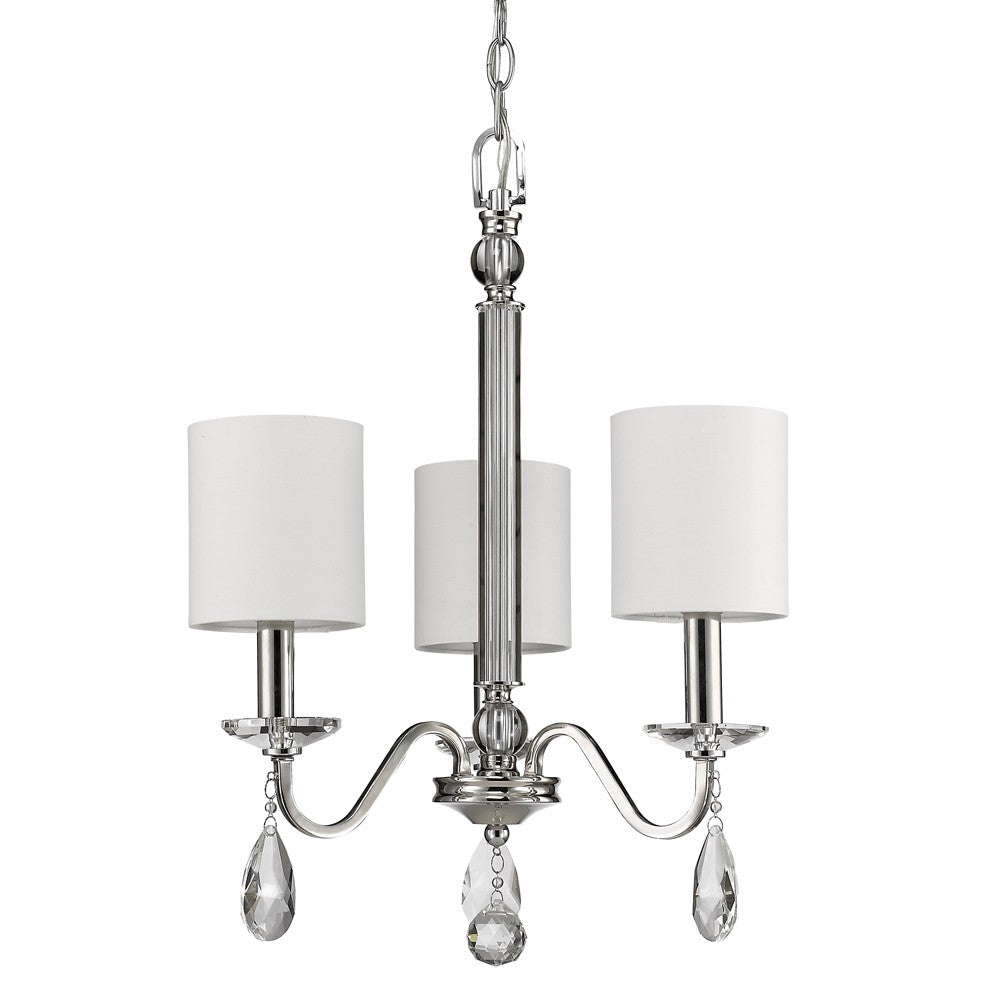 Silver Candle Style Three Light Metal and Crystals Dimmable Chandelier With White Shades-Chandeliers-DECOROLALA