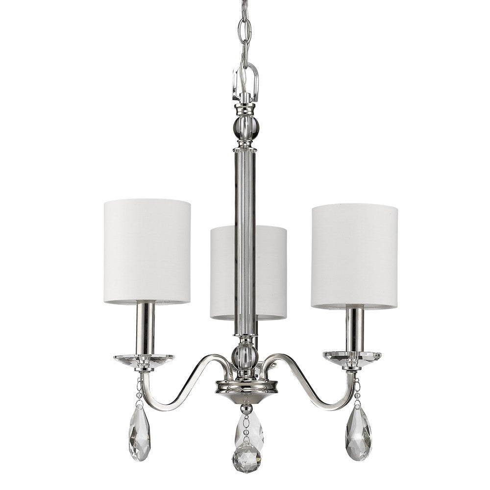 Silver Candle Style Three Light Metal and Crystals Dimmable Chandelier With White Shades-Chandeliers-DECOROLALA