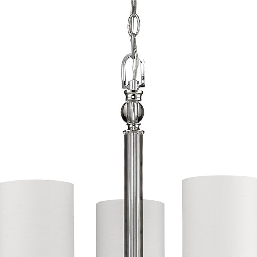 Silver Candle Style Three Light Metal and Crystals Dimmable Chandelier With White Shades-Chandeliers-DECOROLALA