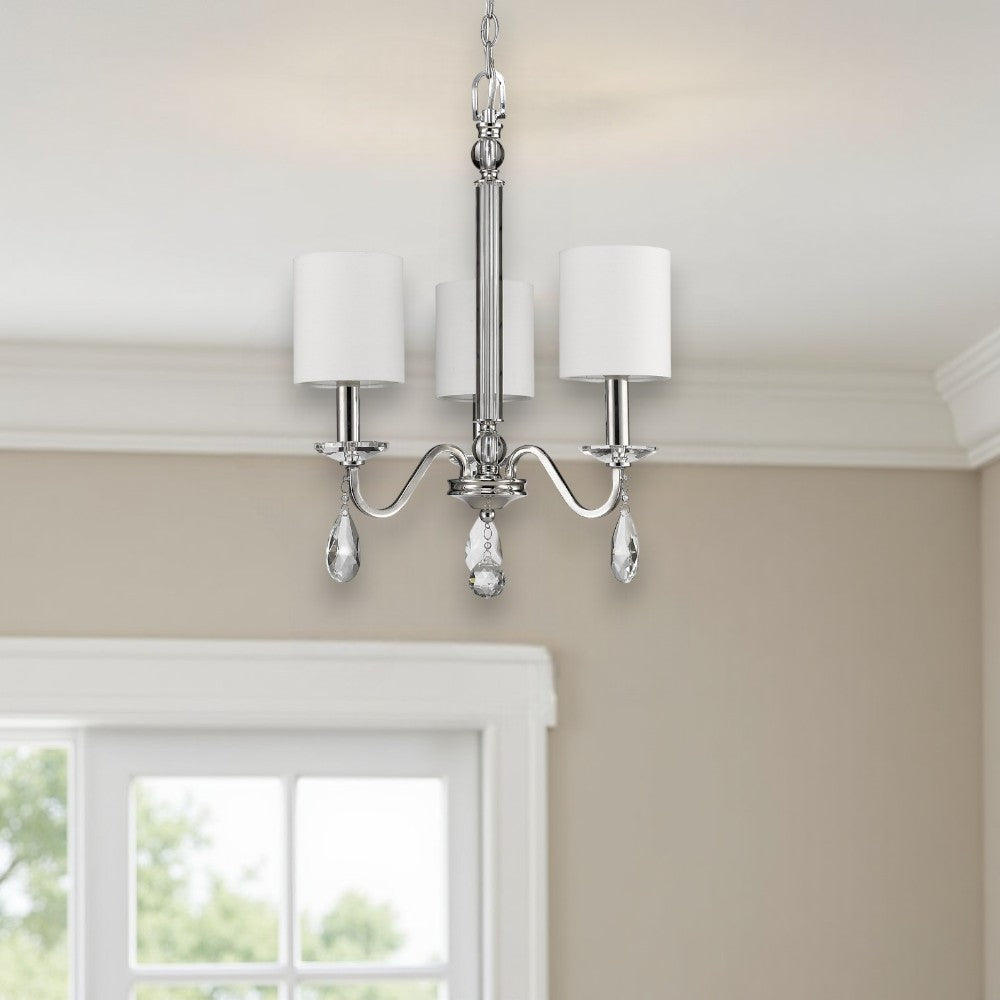 Silver Candle Style Three Light Metal and Crystals Dimmable Chandelier With White Shades-Chandeliers-DECOROLALA