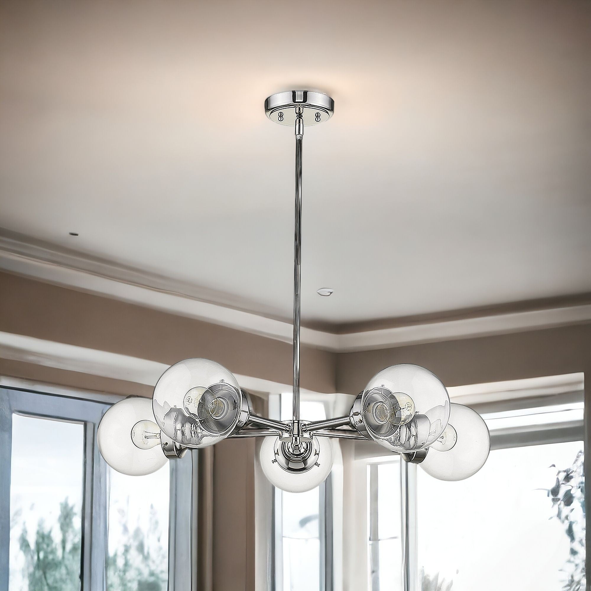 Silver Five Light Metal Dimmable Chandelier With Clear Shades-Chandeliers-DECOROLALA