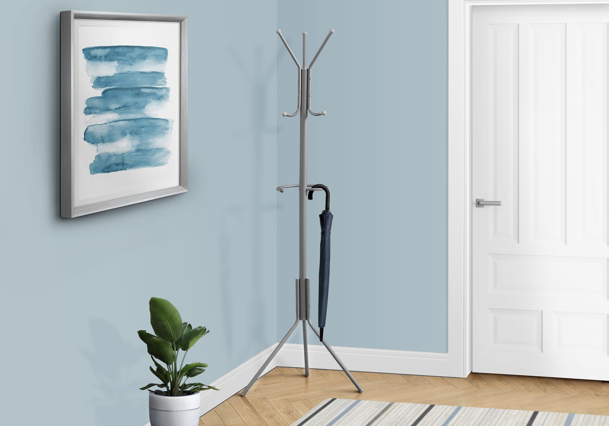 Silver Metal Coat Rack with Umbrella Holder, 68"H-Coat Rack-DECOROLALA