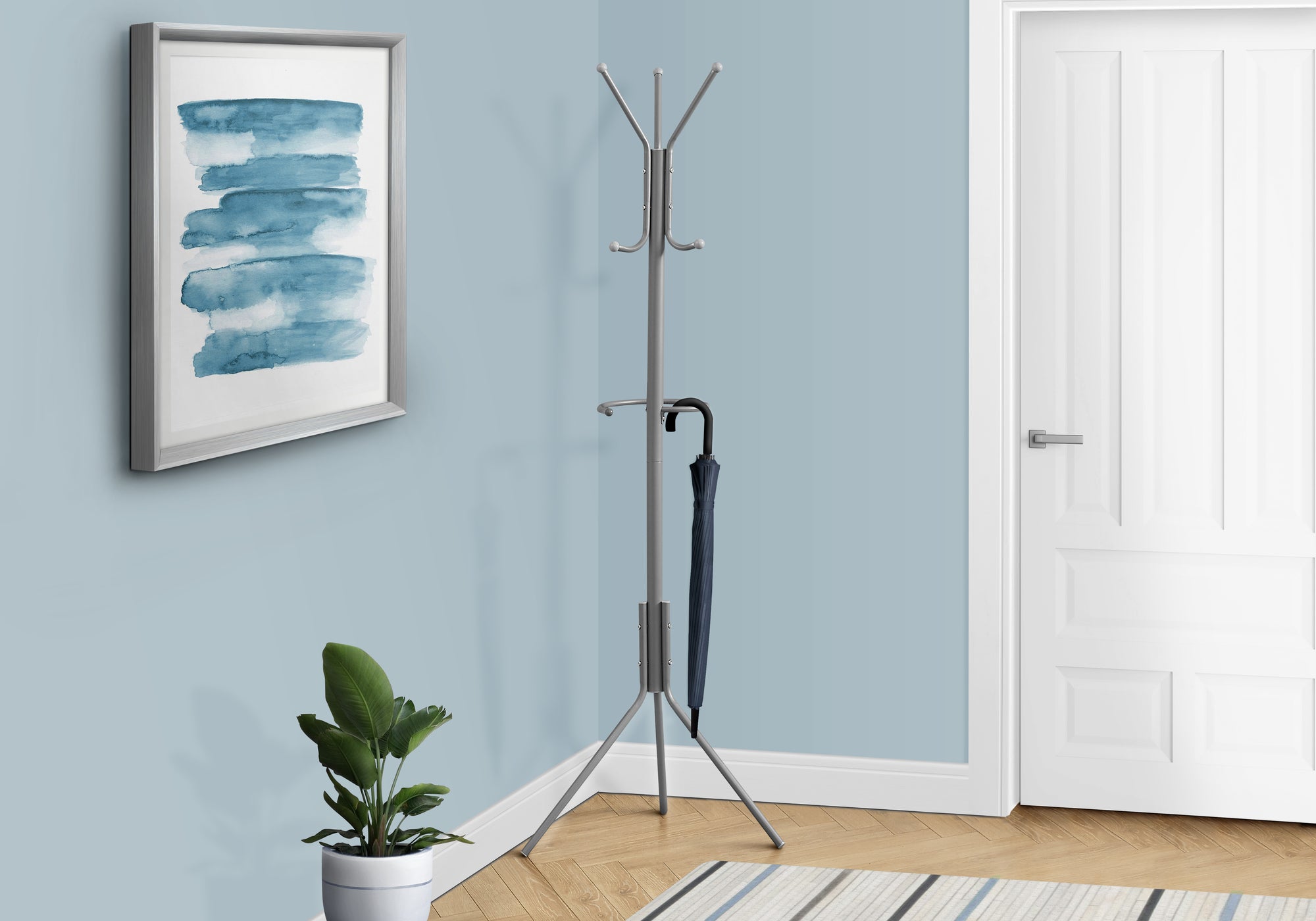 Silver Metal Coat Rack with Umbrella Holder, 68"H-Coat Rack-DECOROLALA