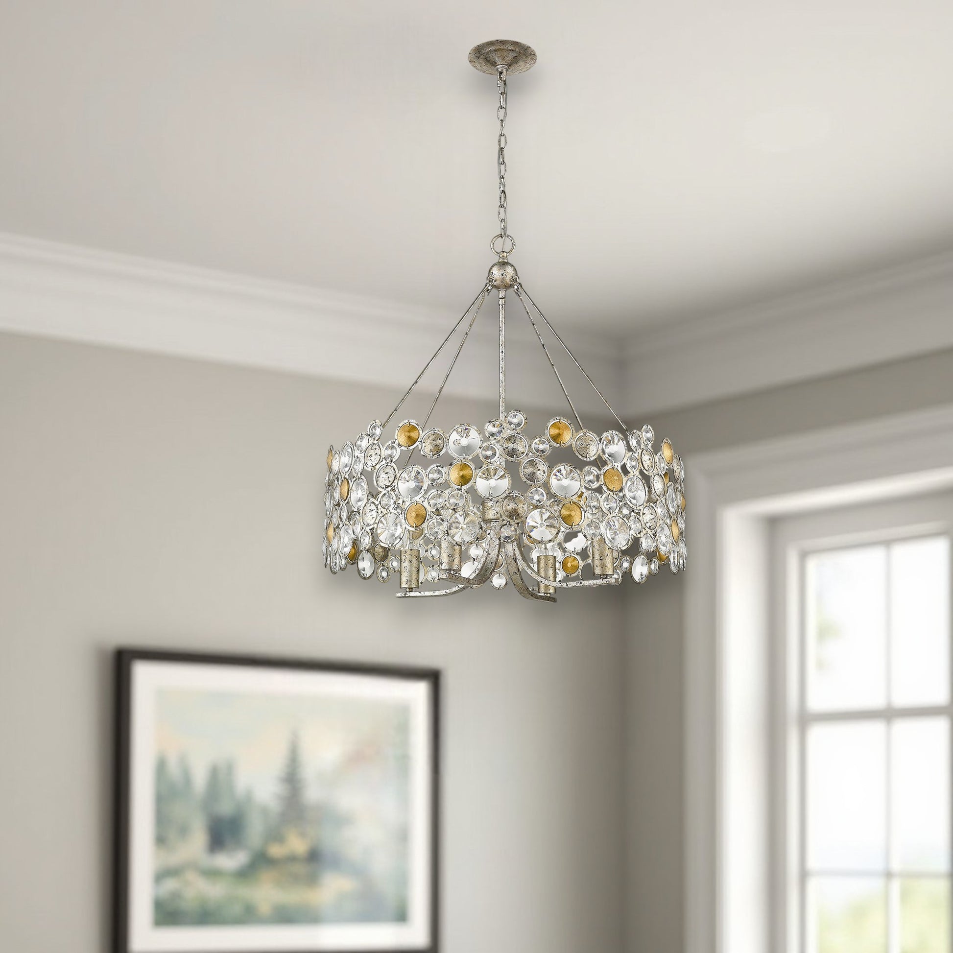 Silver Shaded Four Light Metal and Crystals Dimmable Chandelier With Silver Shades-Chandeliers-DECOROLALA