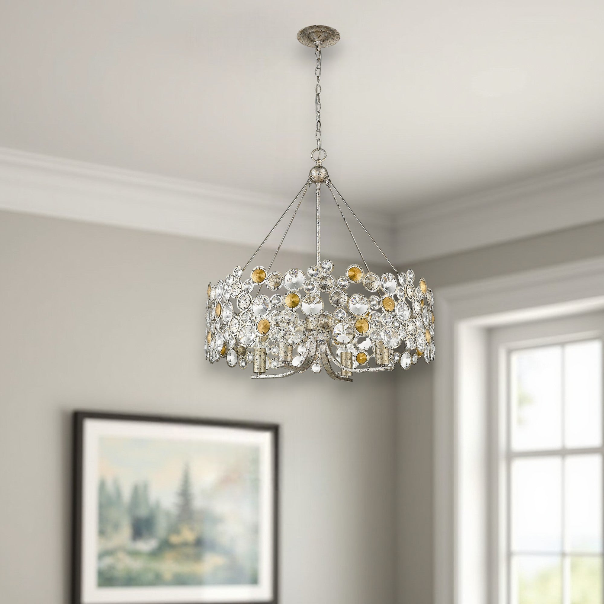 Silver Shaded Four Light Metal and Crystals Dimmable Chandelier With Silver Shades-Chandeliers-DECOROLALA