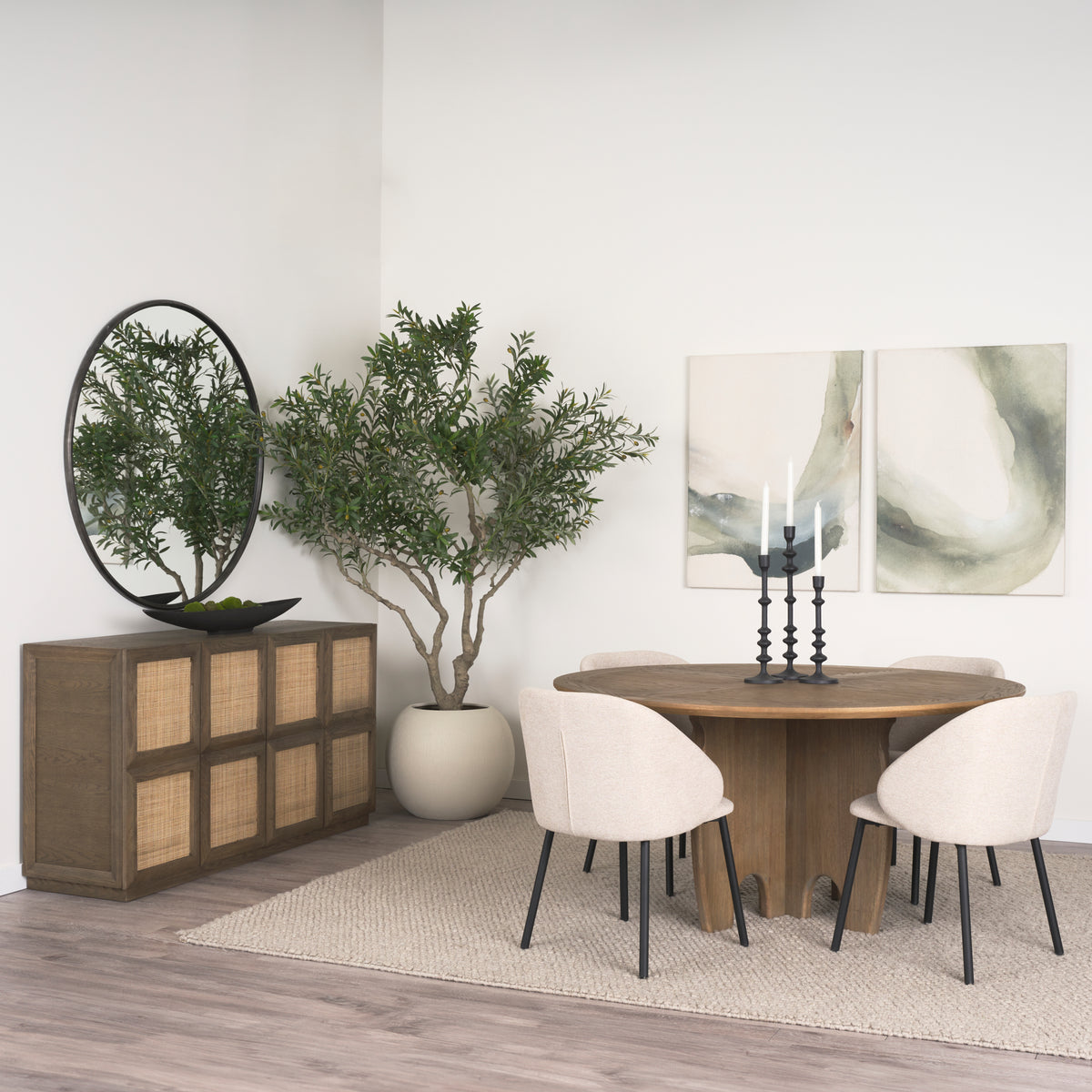 Sina Brown Oak Wood w/ Natural Rattan 4 Door Sideboard-Sideboards & Buffets-DECOROLALA